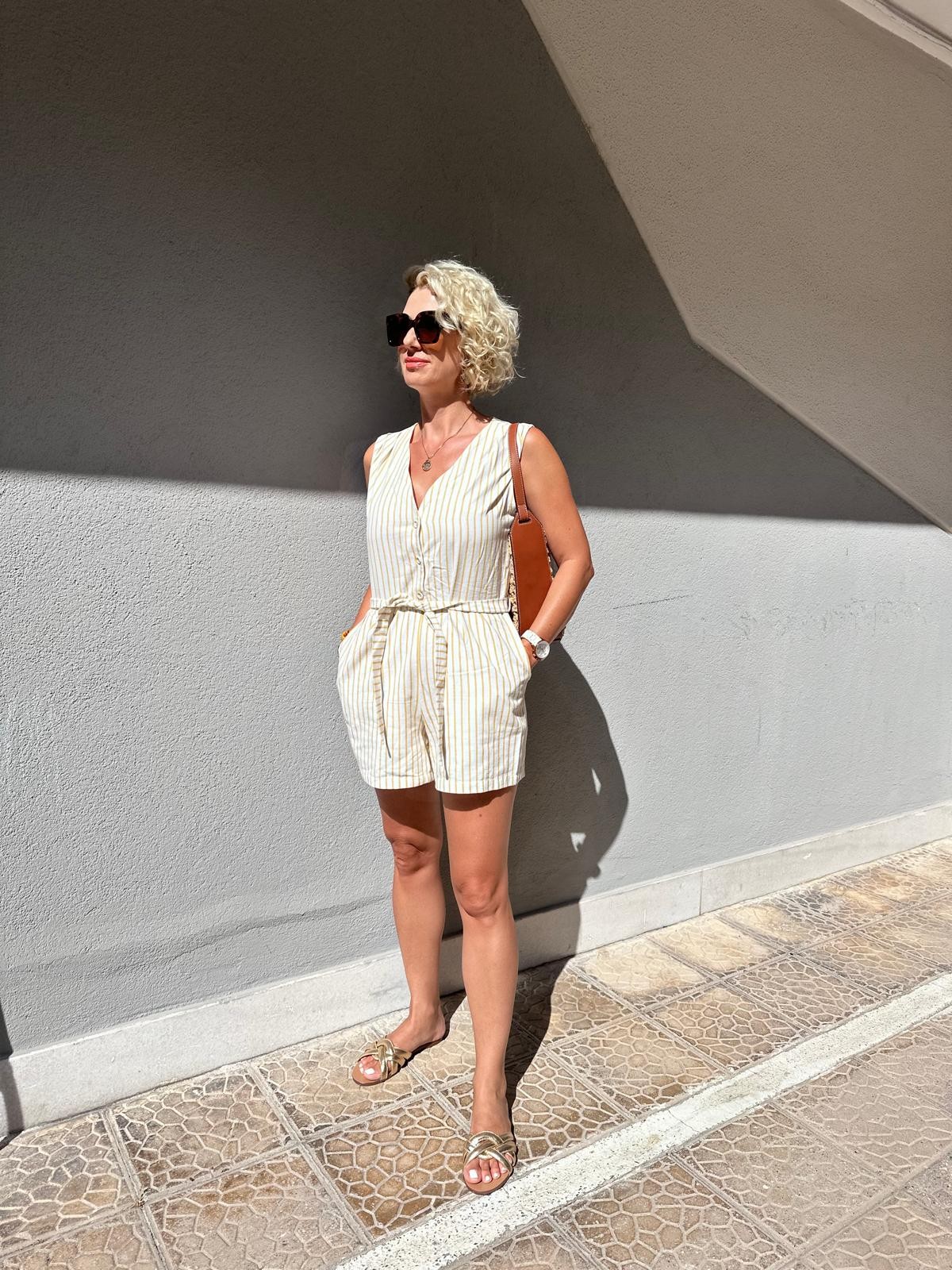 Sarı Çizgili Keten Tulum