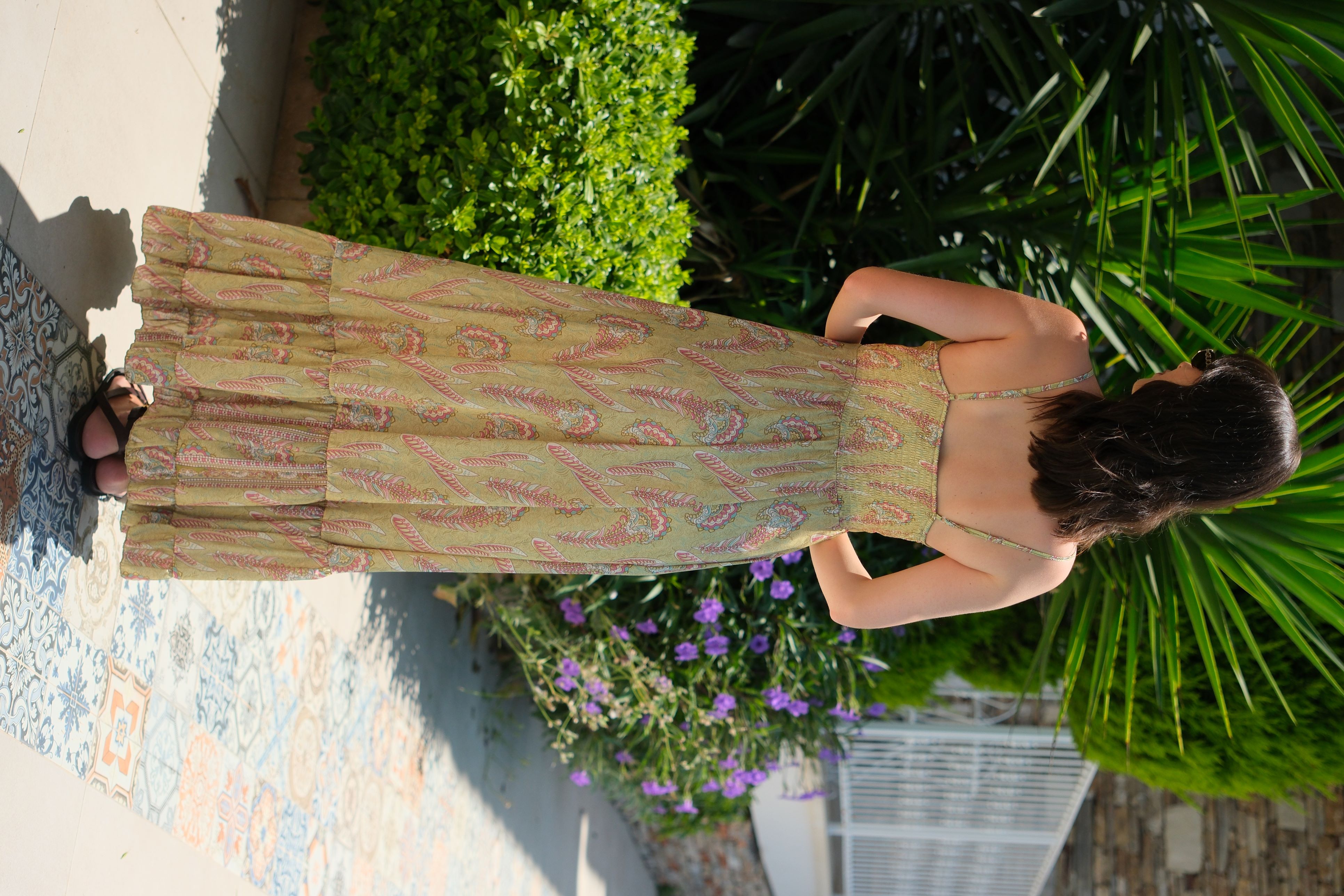 İpek Kendinden Desenli Yağ Yeşili Uzun Elbise