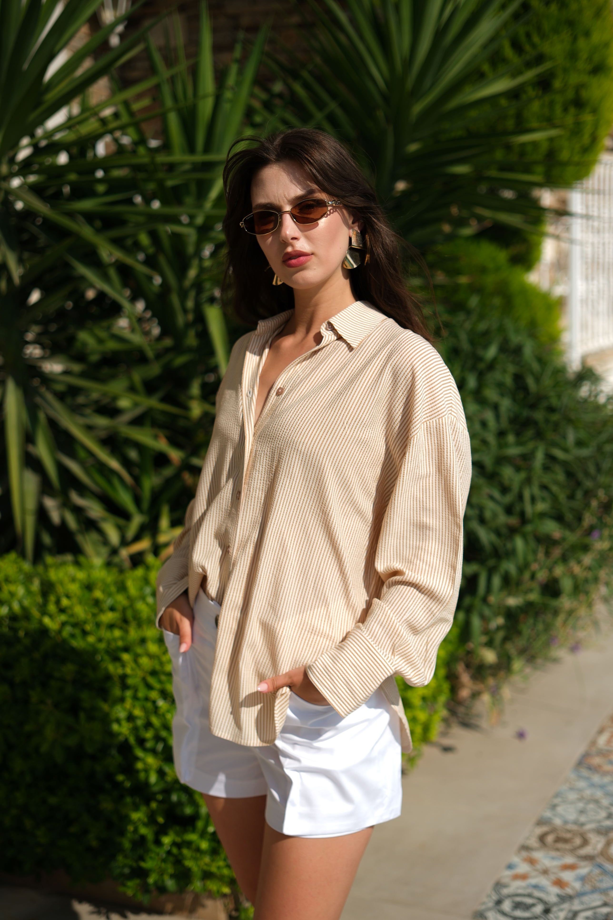 Camel Keninden Çizgili Oversize Gömlek