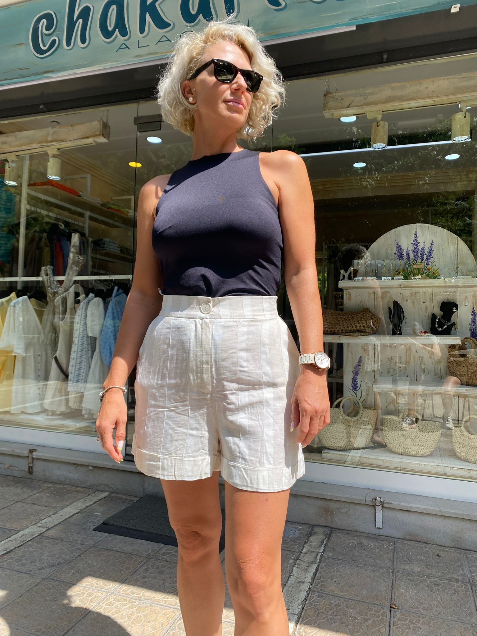 Yandan Cepli Çizgili Şort