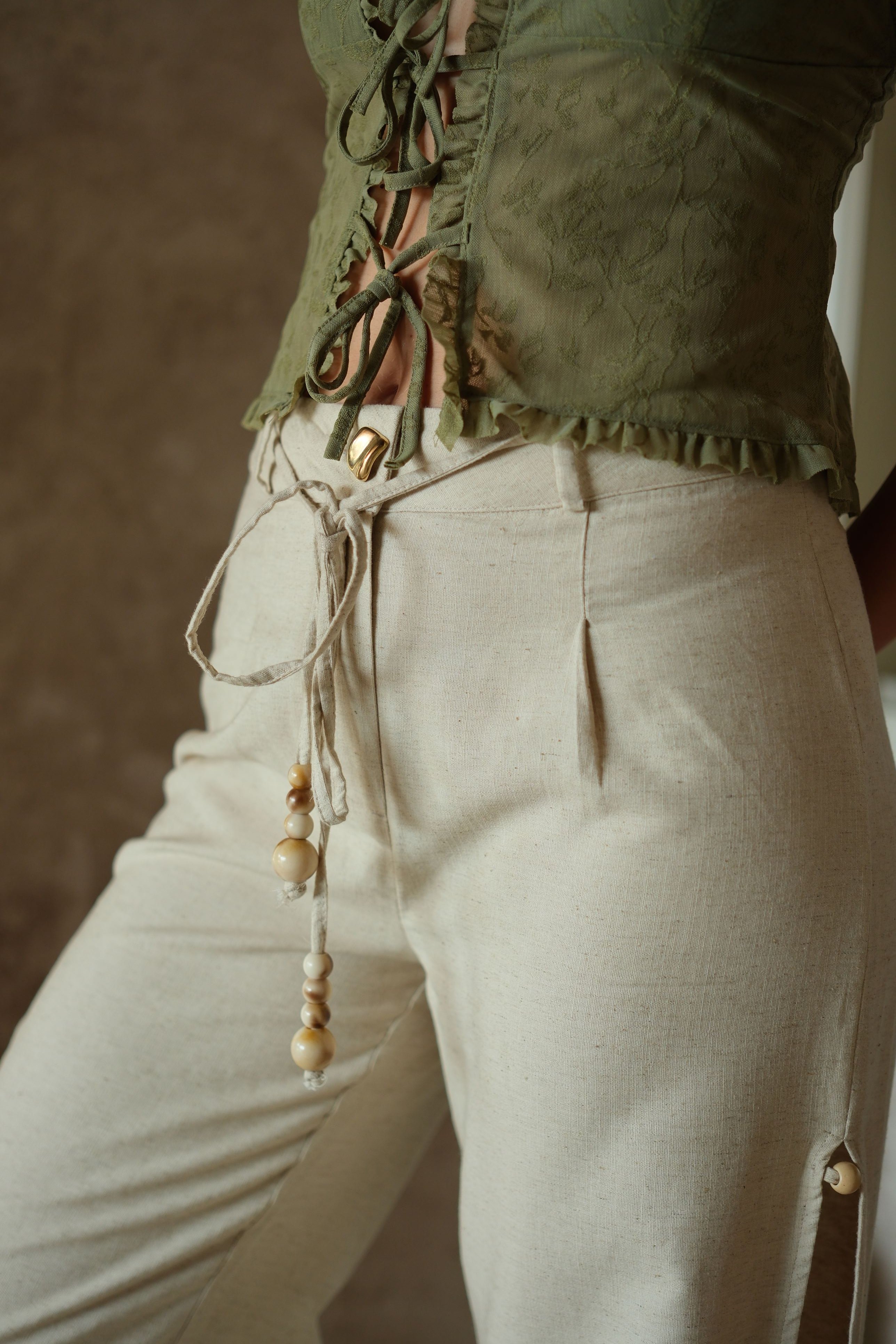 Keten Gold Düğmeli Bağlamalı Oversize Pantolon