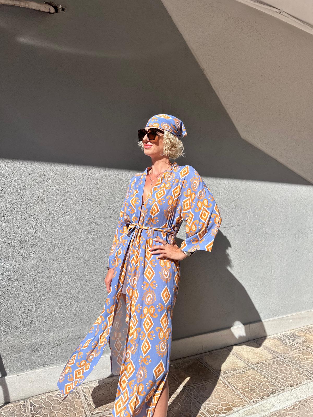 Kendinden Desenli Uzun Kimono