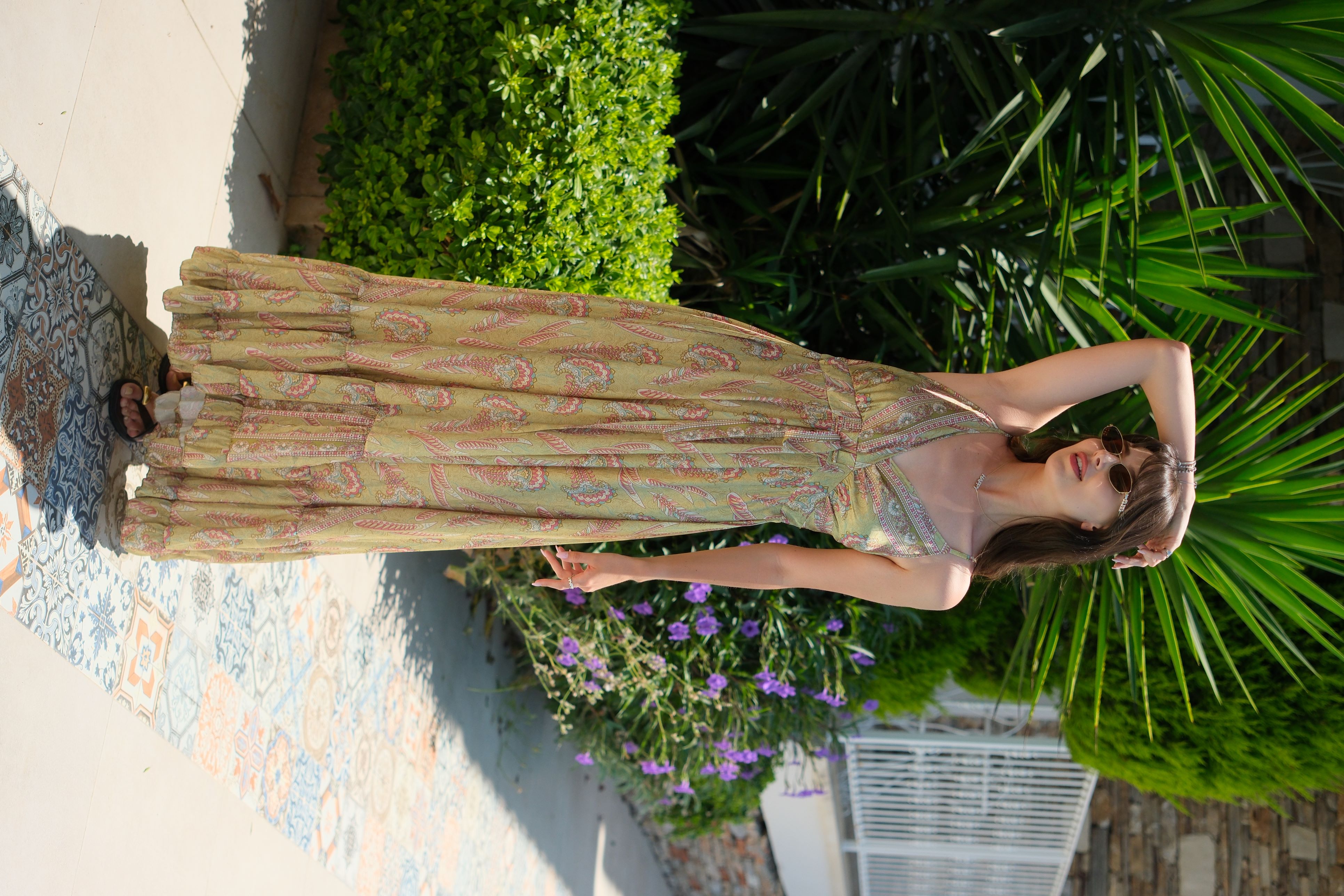 İpek Kendinden Desenli Yağ Yeşili Uzun Elbise