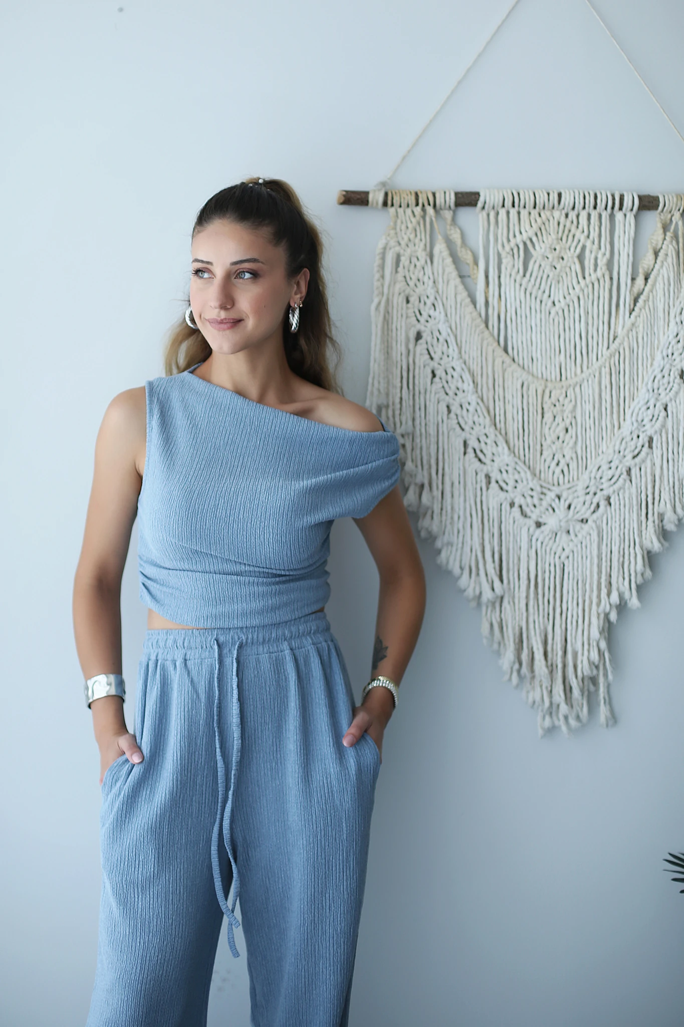 Kayık Yaka bluz-pantolon takım 