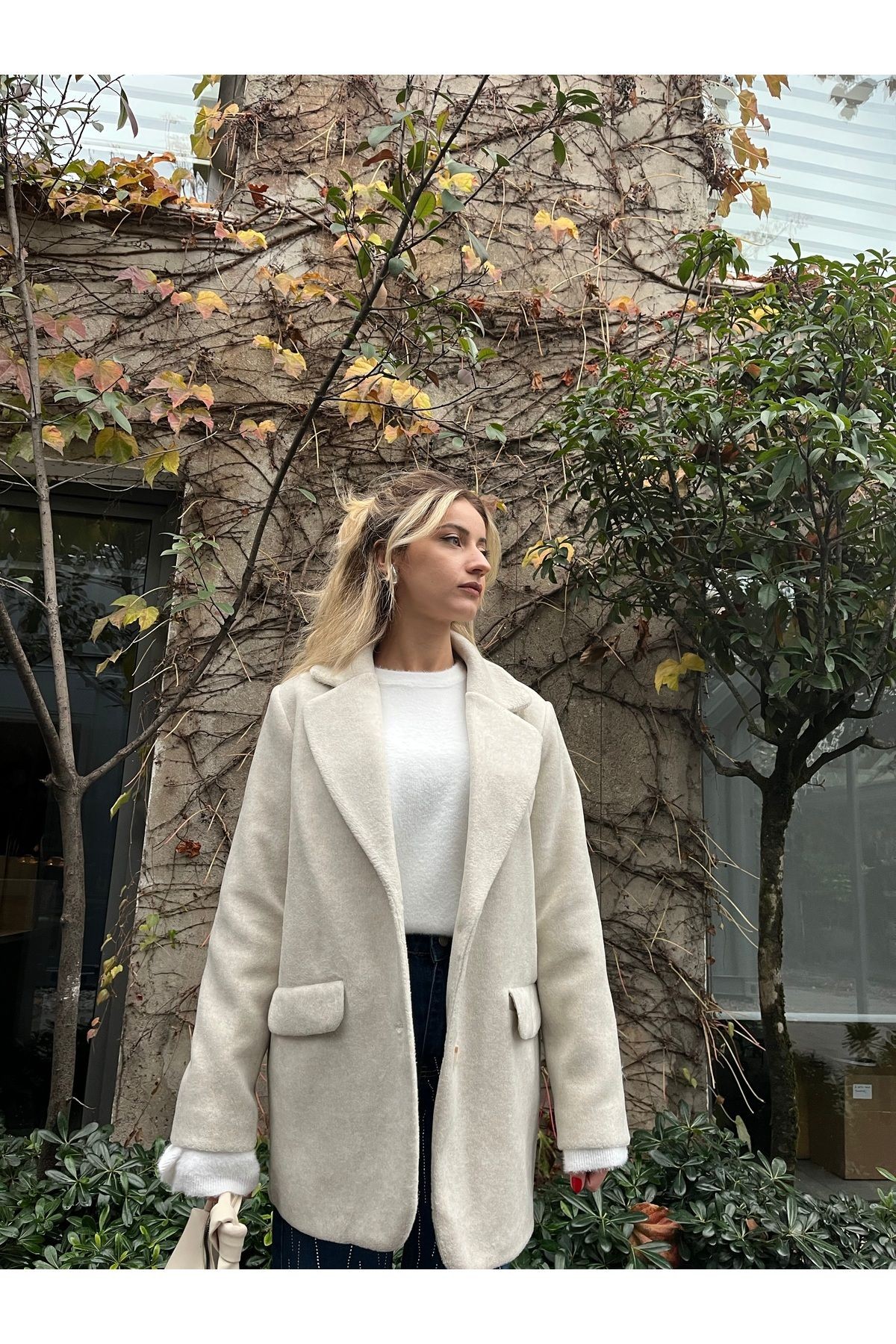 Enzo Krem Kalın Kaşe Blazer