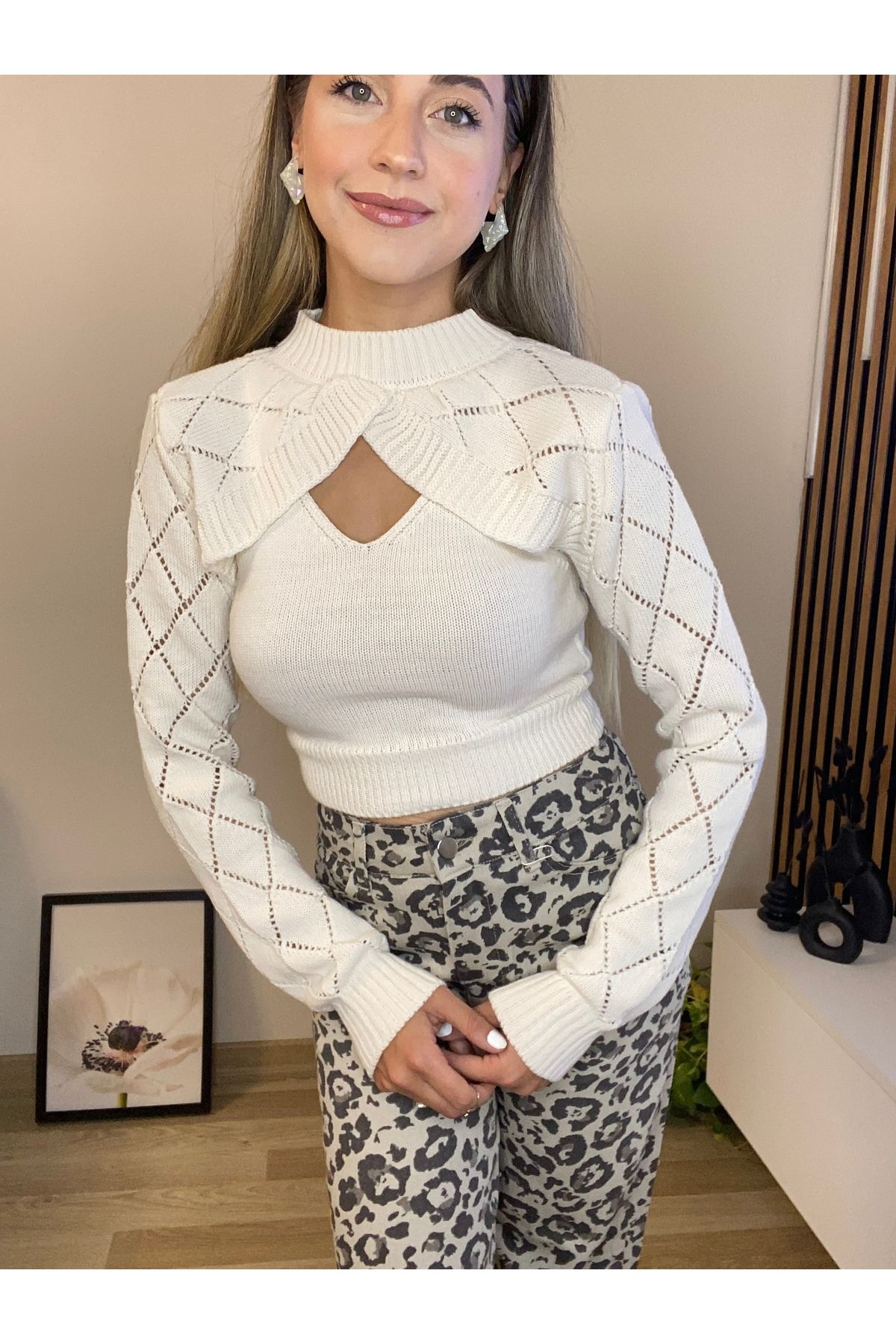 Krem bolero detay kazak