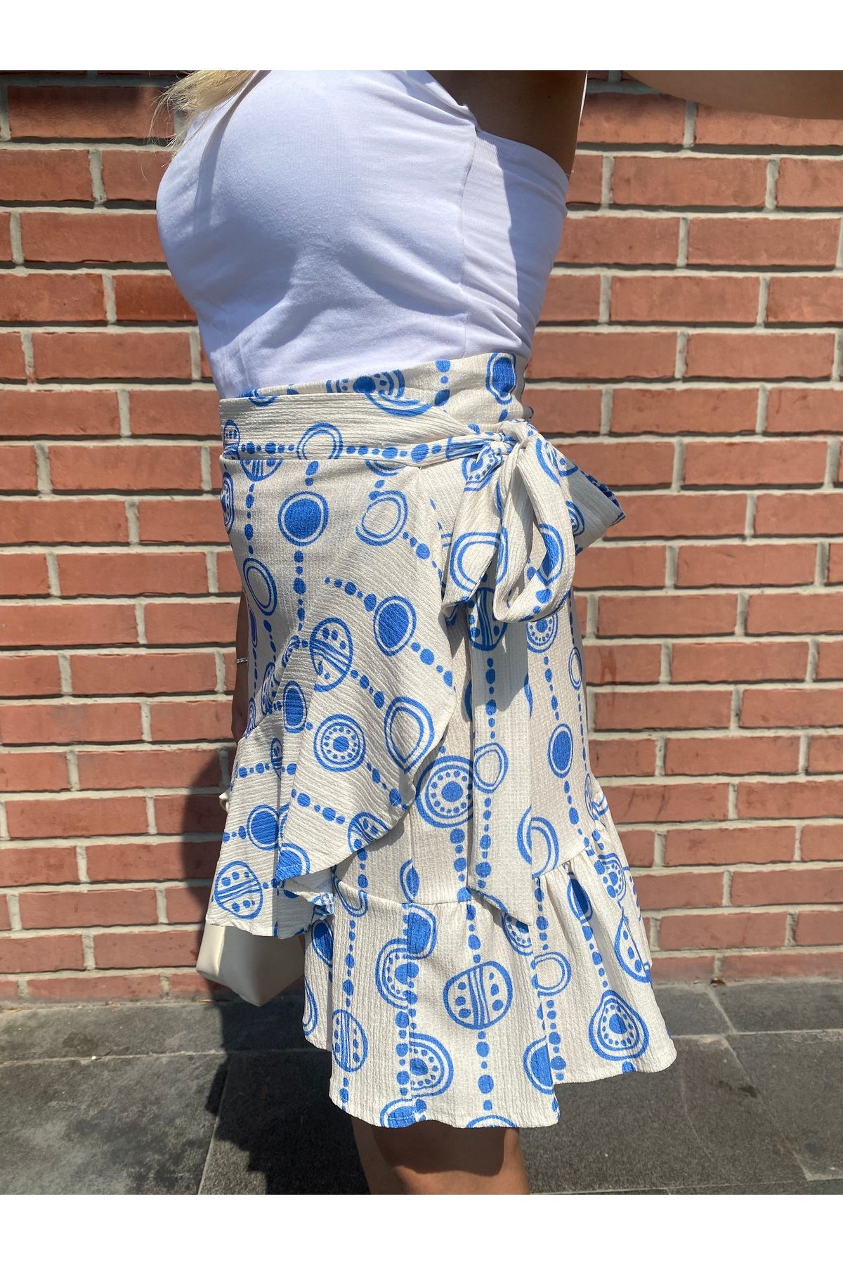 anvelop Krem-mavi Çiçek Desenli Etek