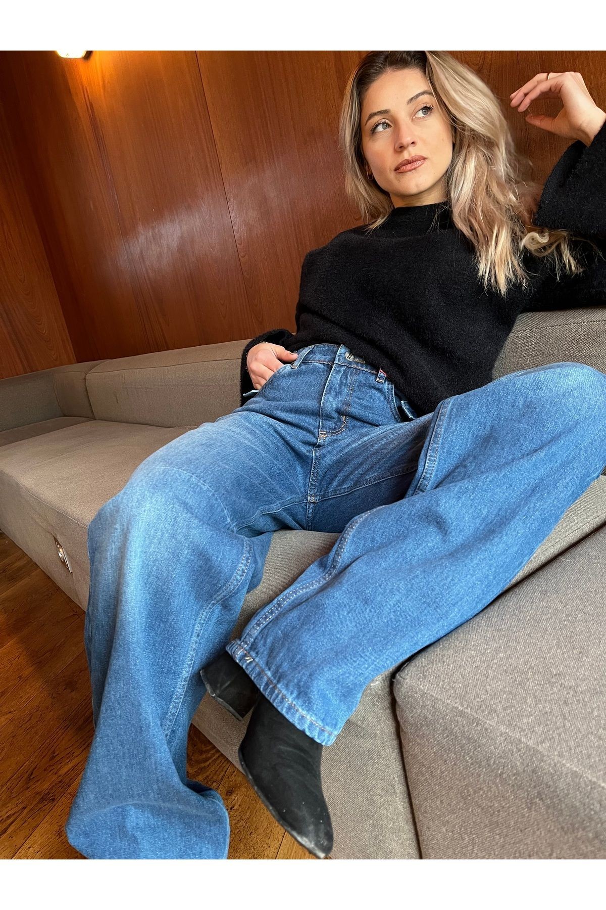 Baggy Kemerli Mavi Jean