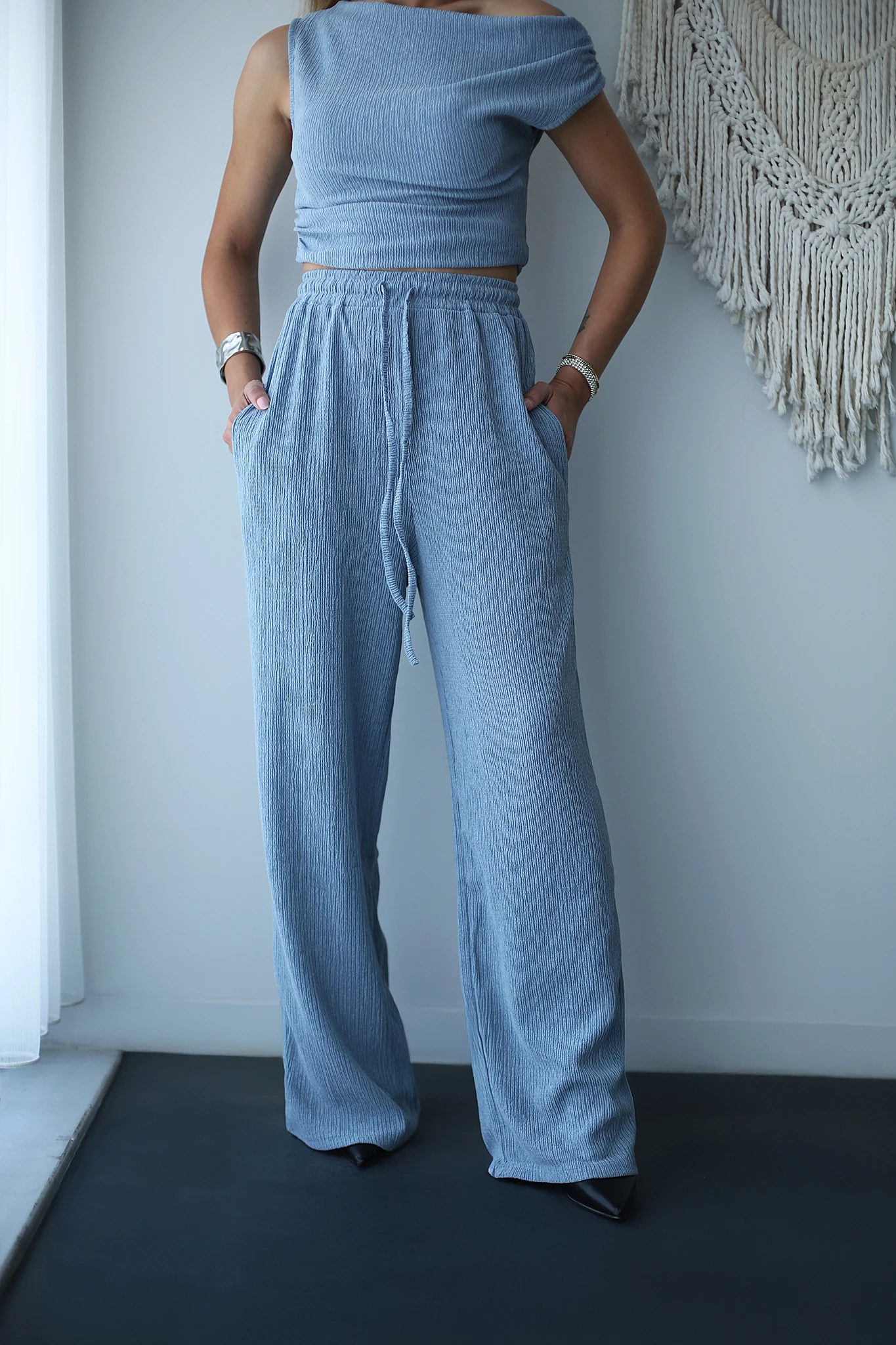 Kayık Yaka bluz-pantolon takım 