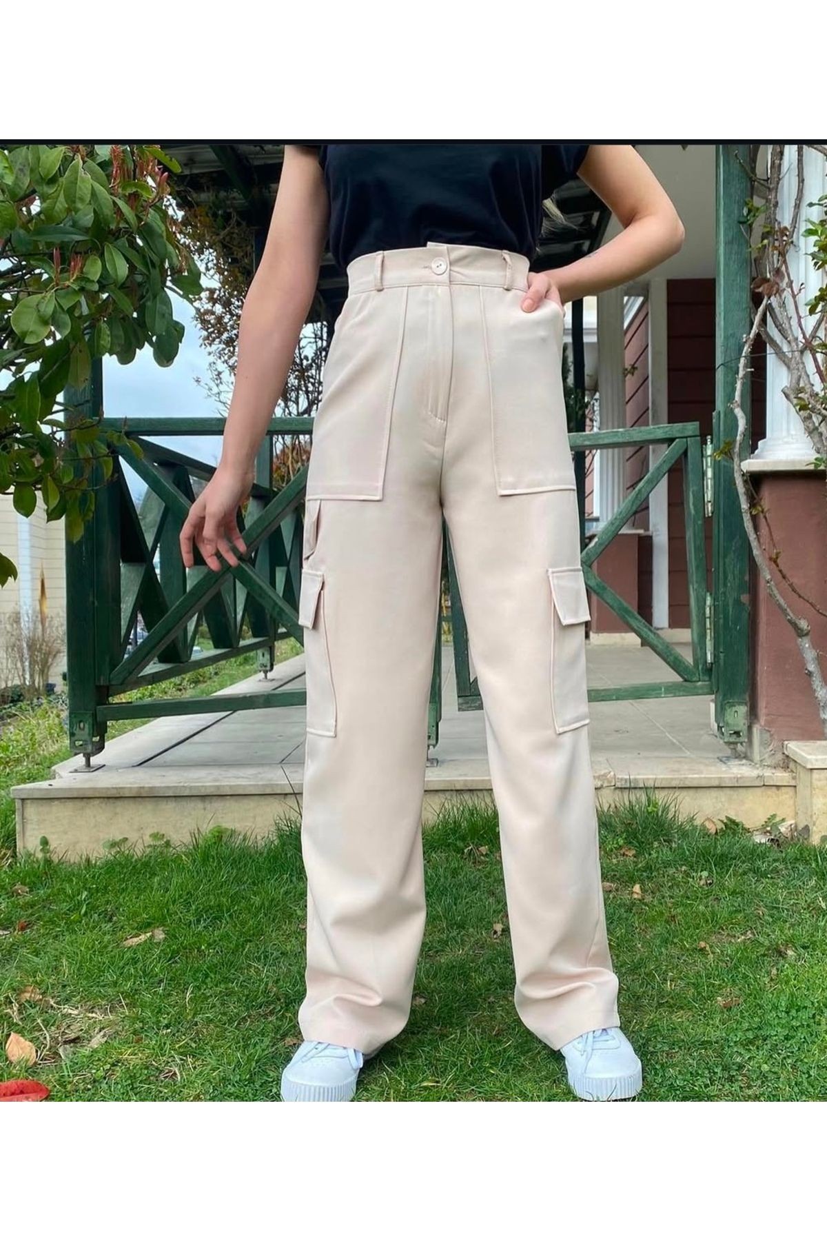 Krem Palazzo Kargo Model Pantolon