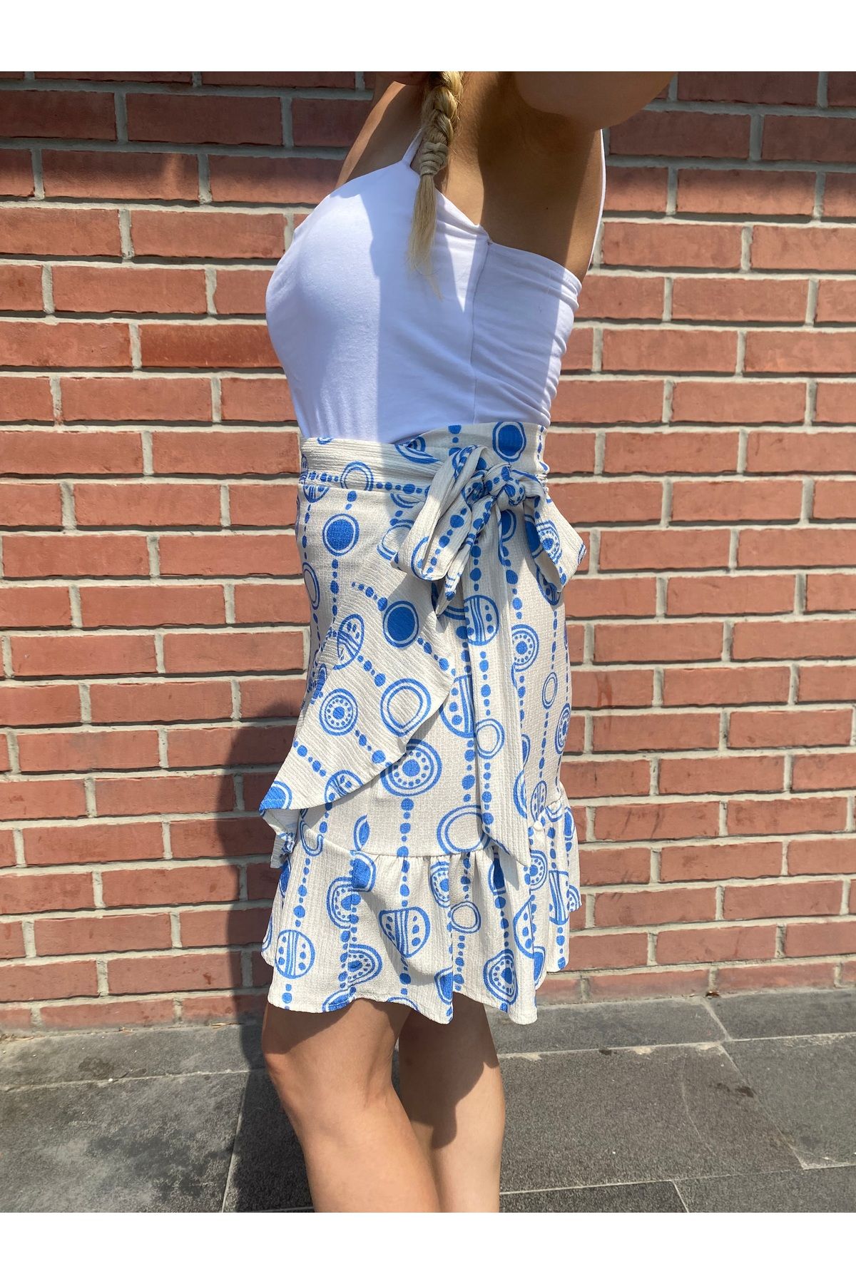 anvelop Krem-mavi Çiçek Desenli Etek