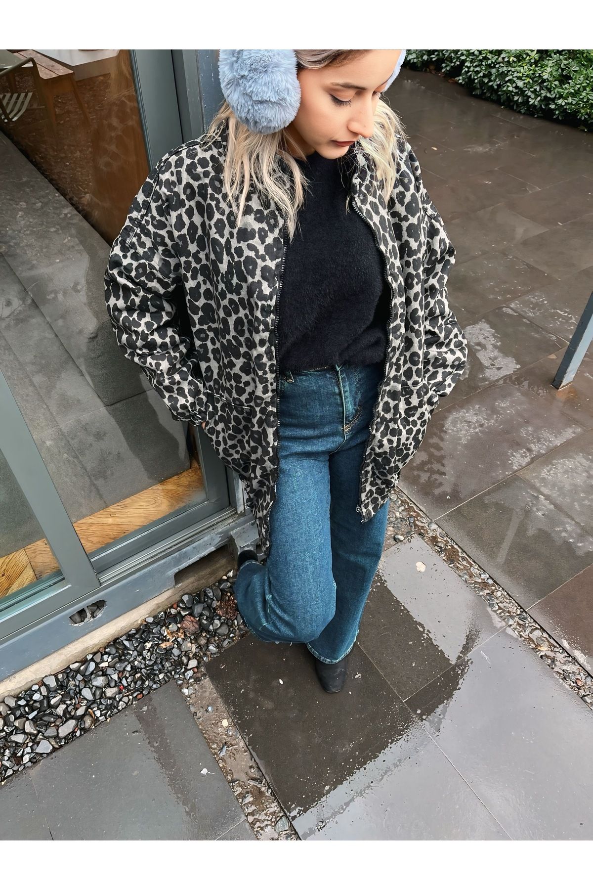 Leopalar Desenli Denim Ceket