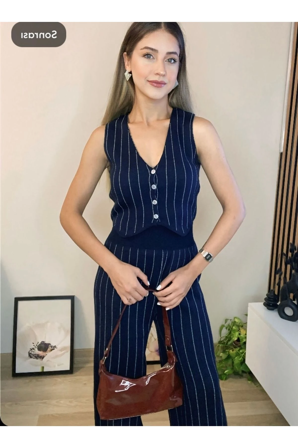 Lacivert Çizgili Yelekli Triko Takım