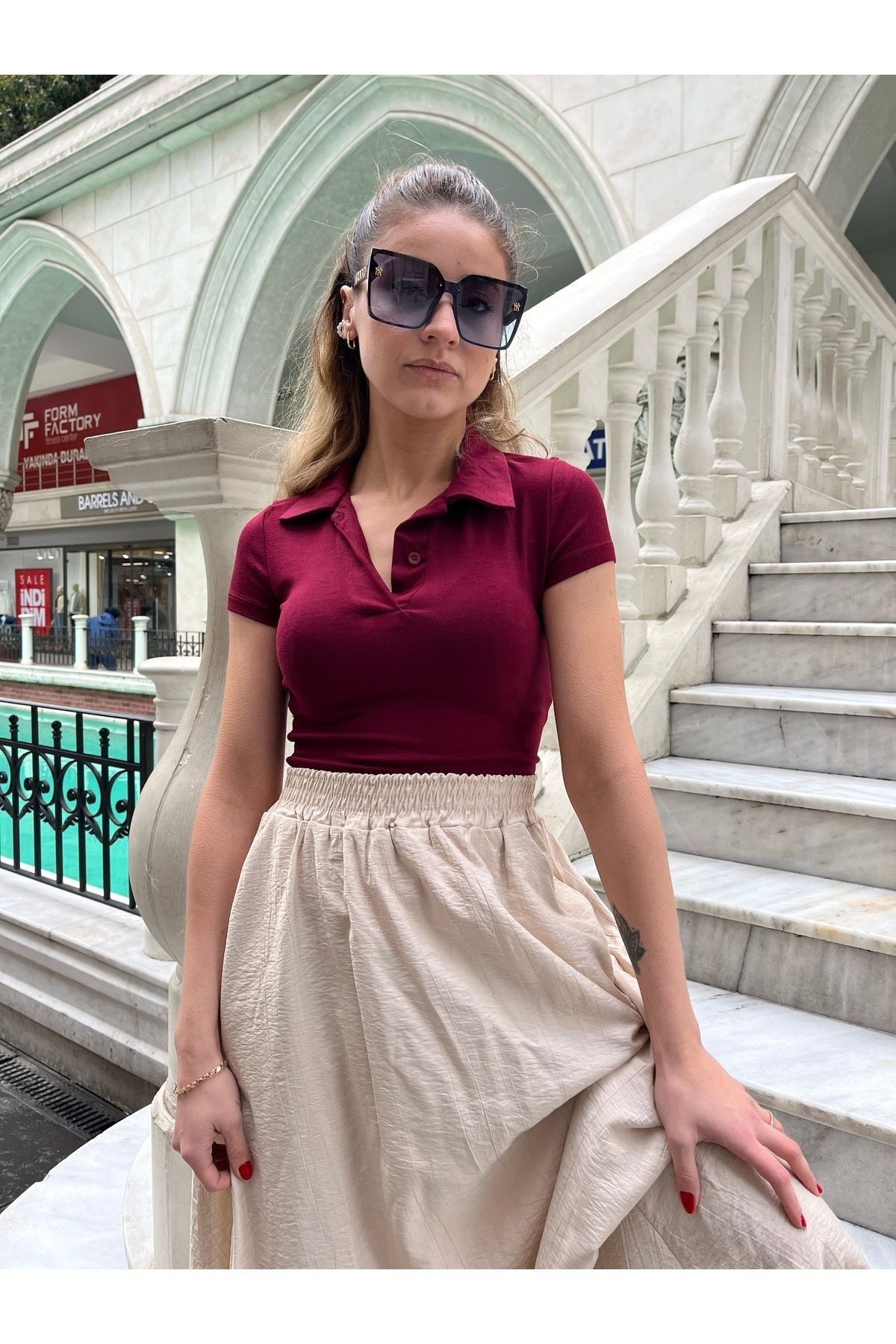 Crop Polo Yaka Bordo Slim Bluz