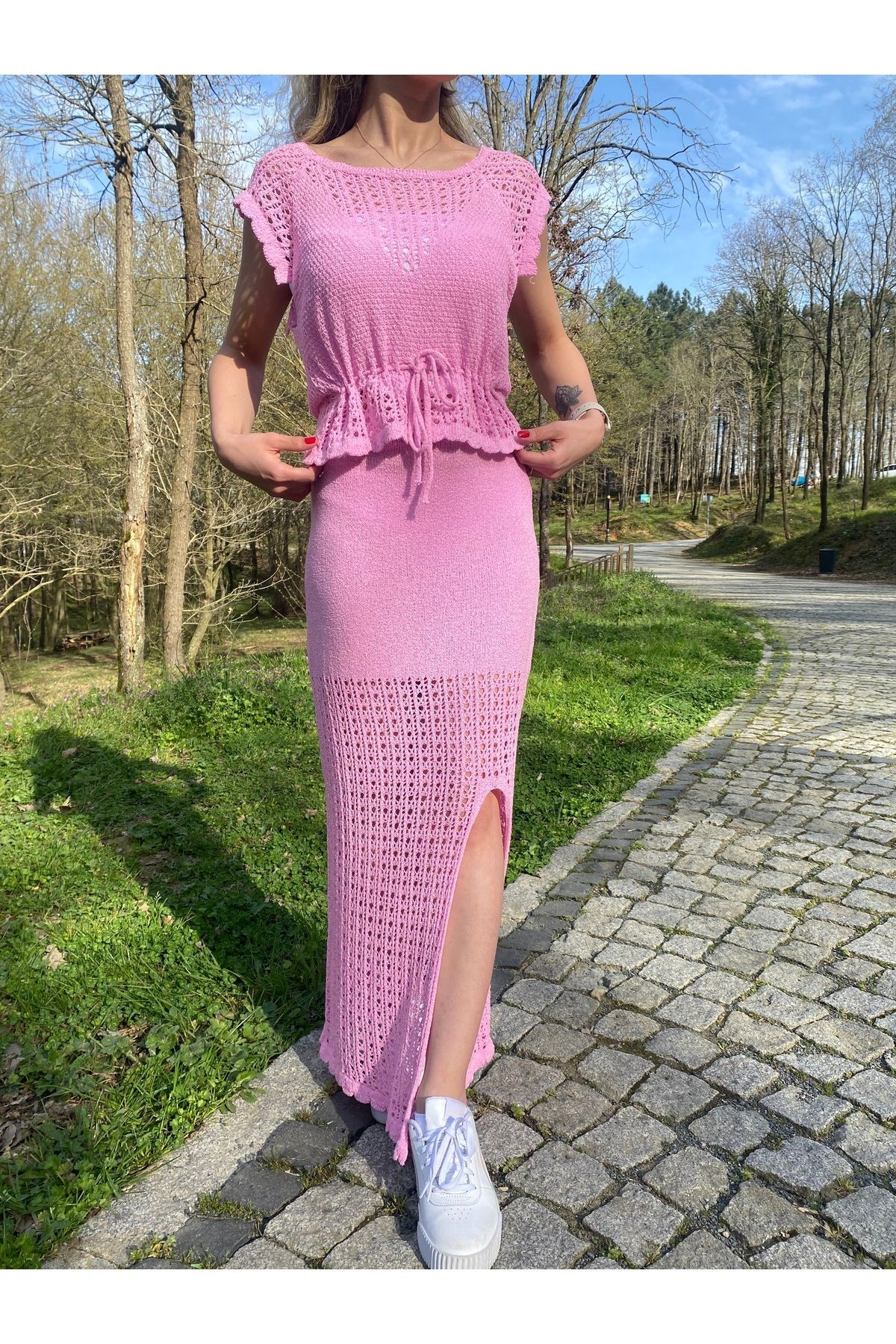 Pembe Triko Yırtmaçlı Takım