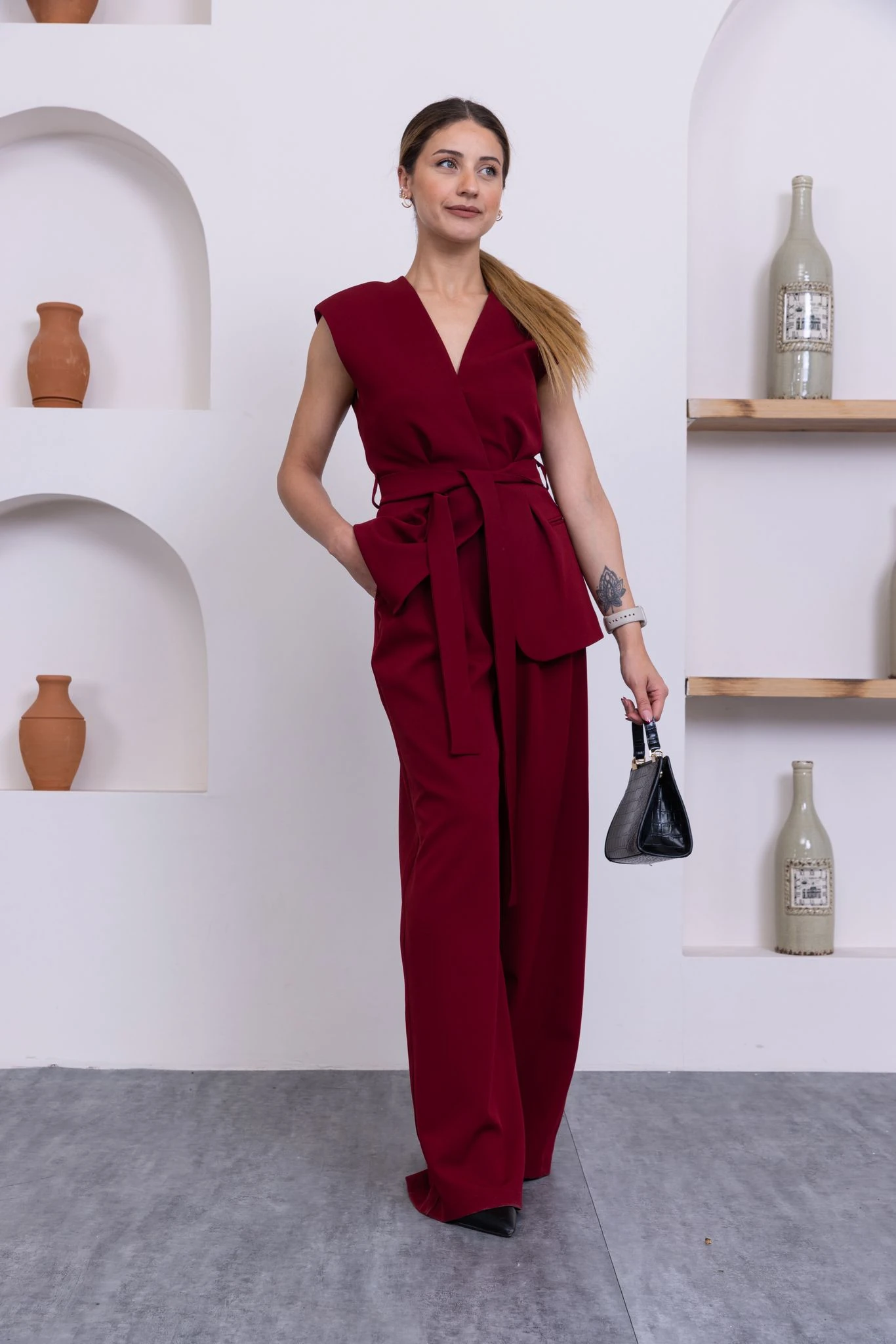 Yelek-pantolon siyah ikili takım  - bordo