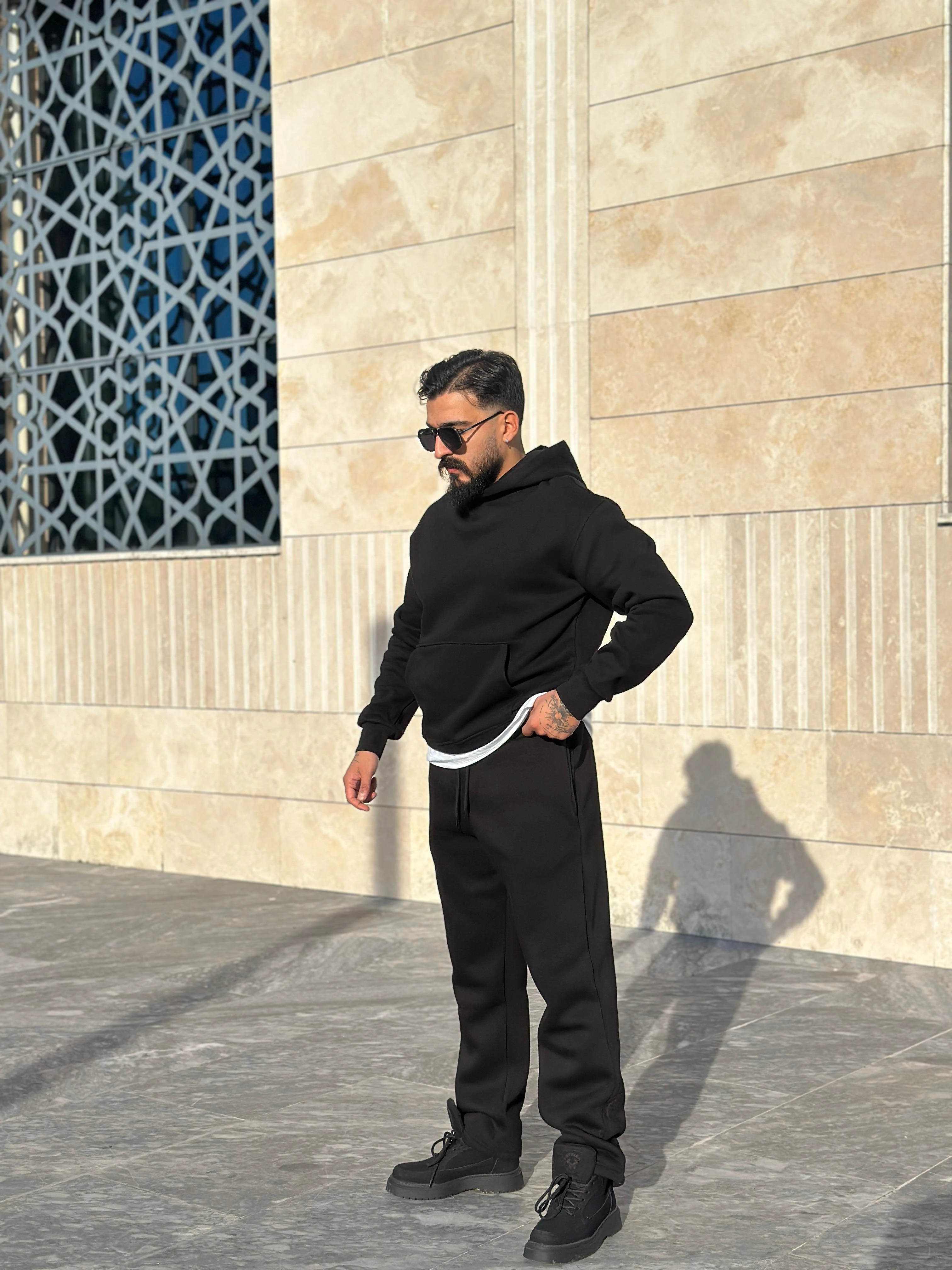 Oersize Üç İplik Şardonlu Eşofman Takımı - Siyah