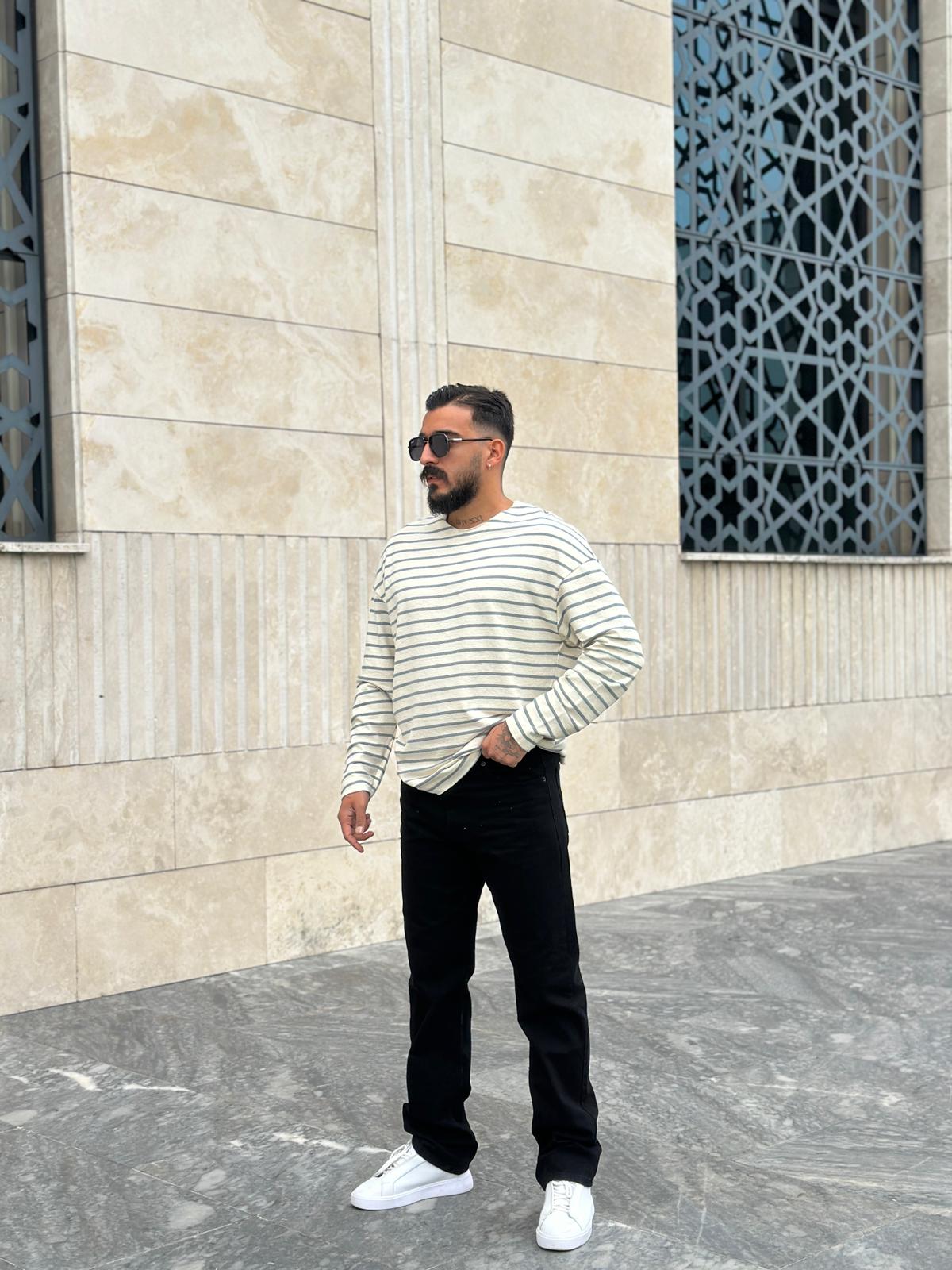Yatay Çizgili Oversize Sweatshirt - Gri