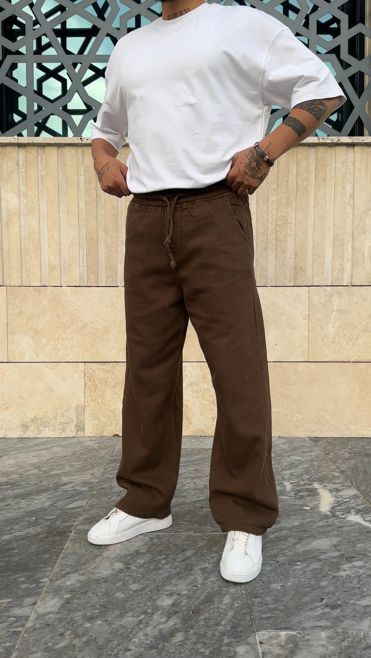 Yıkamalı Gabardin Baggy Pantolon - Kahve