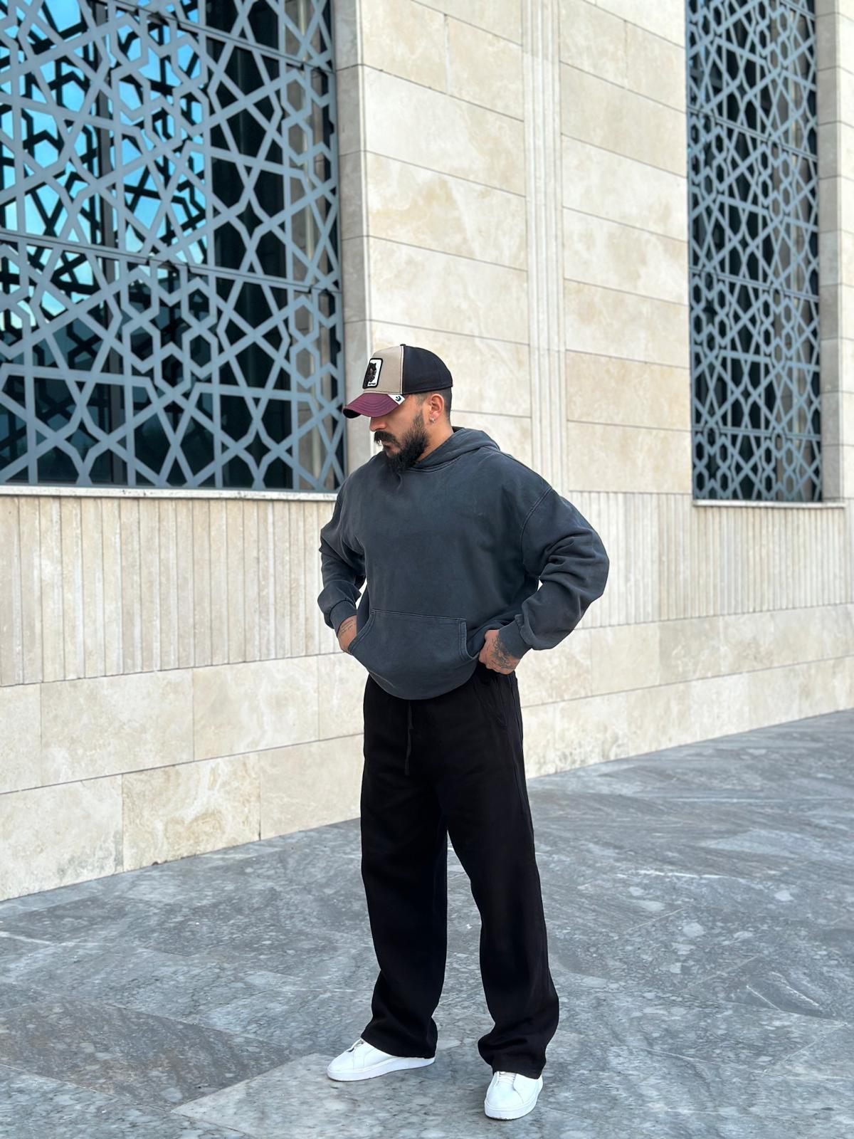 Yıkamalı Oversize Sweatshirt - Siyah