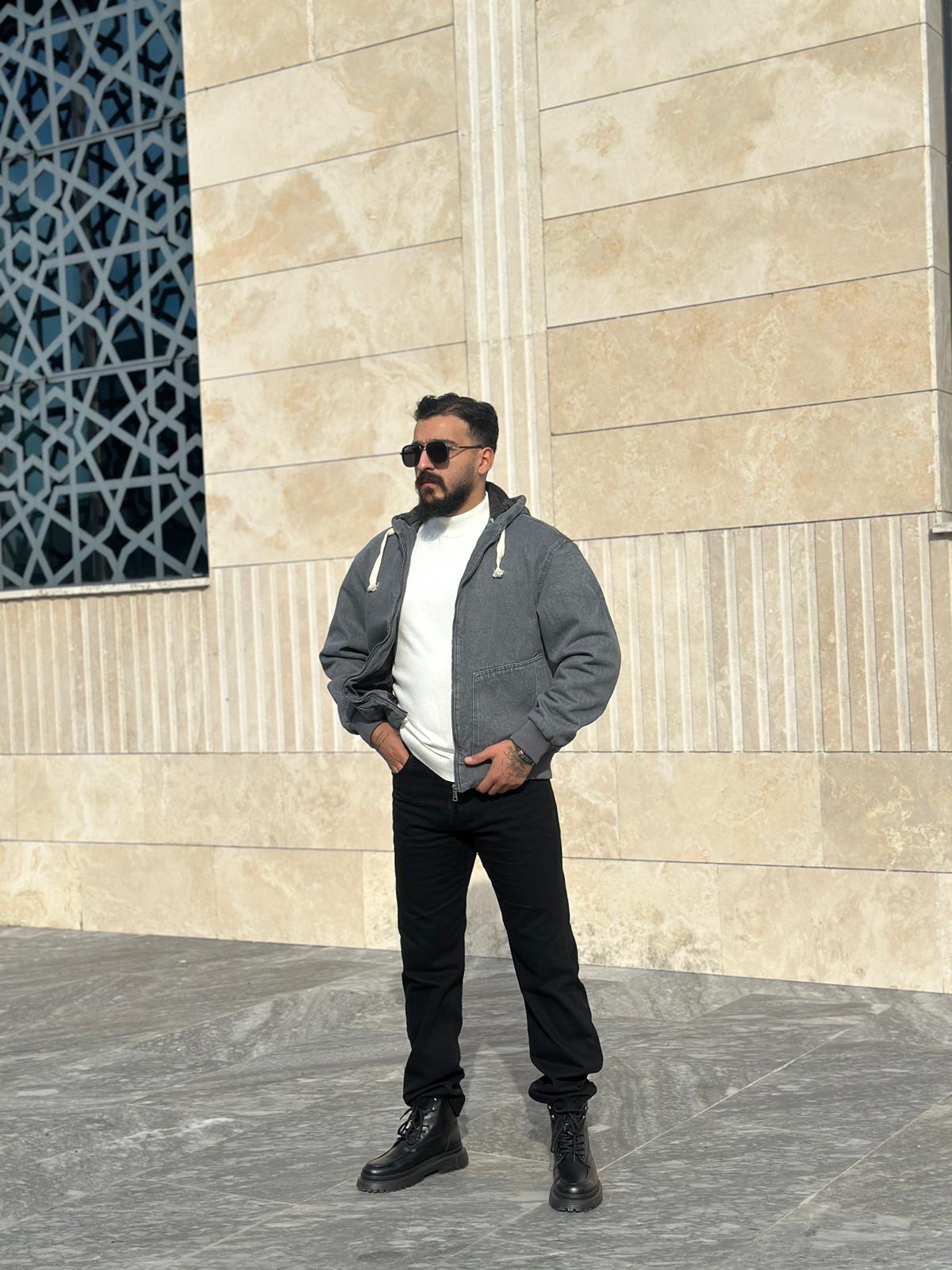 Oversize Kapişonlu Kot Mont - Gri