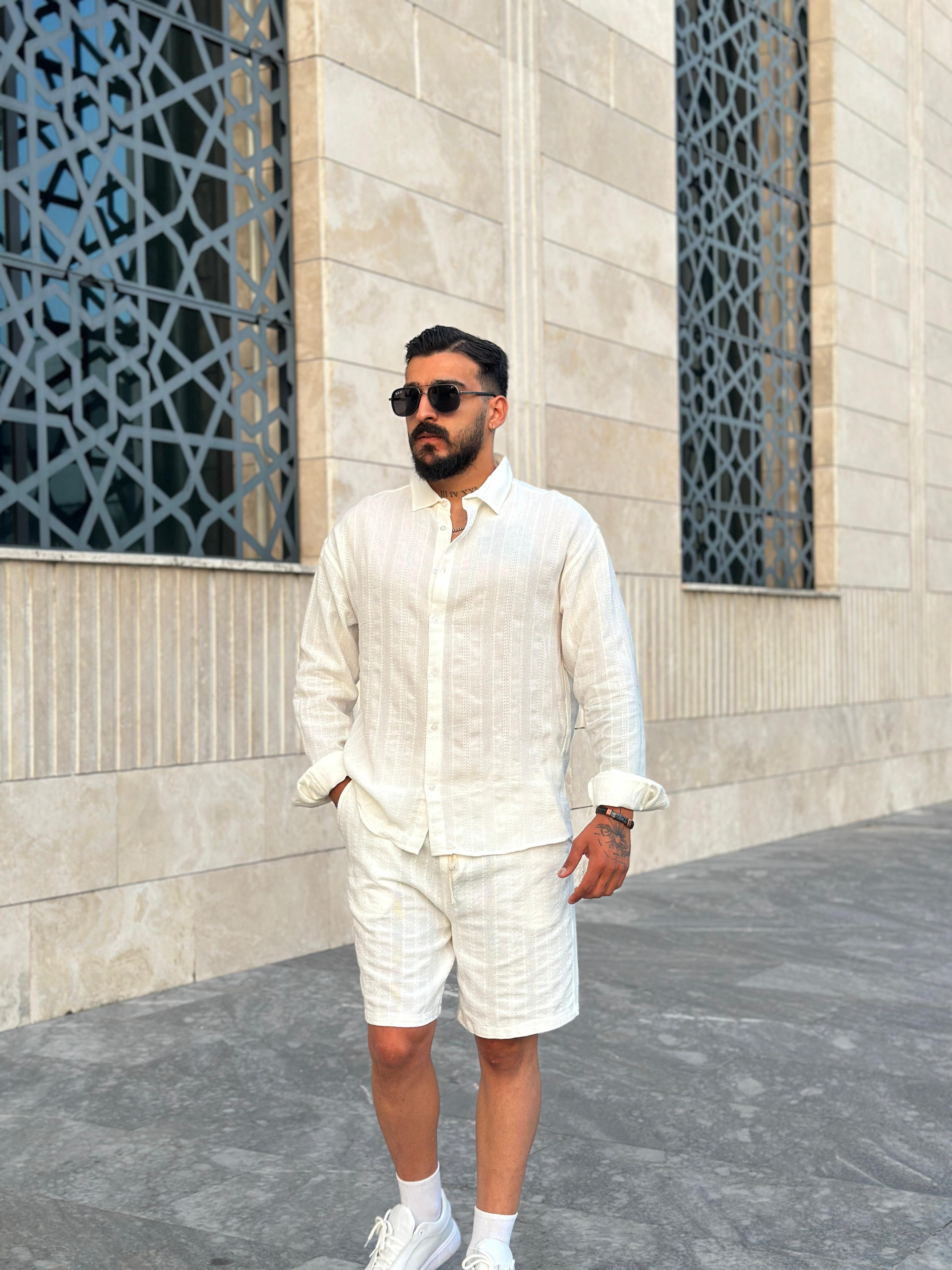 Kendinden Desenli Oversize Keten Gömlek - Beyaz