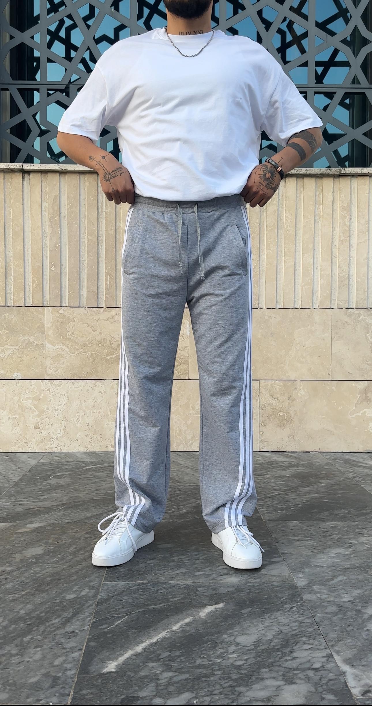 Şerit Detaylı Baggy Eşofman - Gri