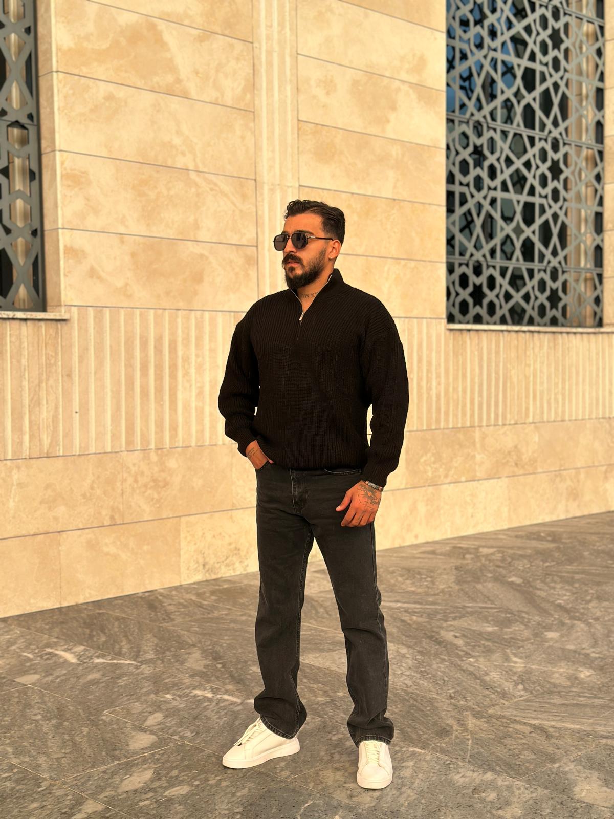 Oversize Fermuarlı Örmek Triko Kazak - Siyah