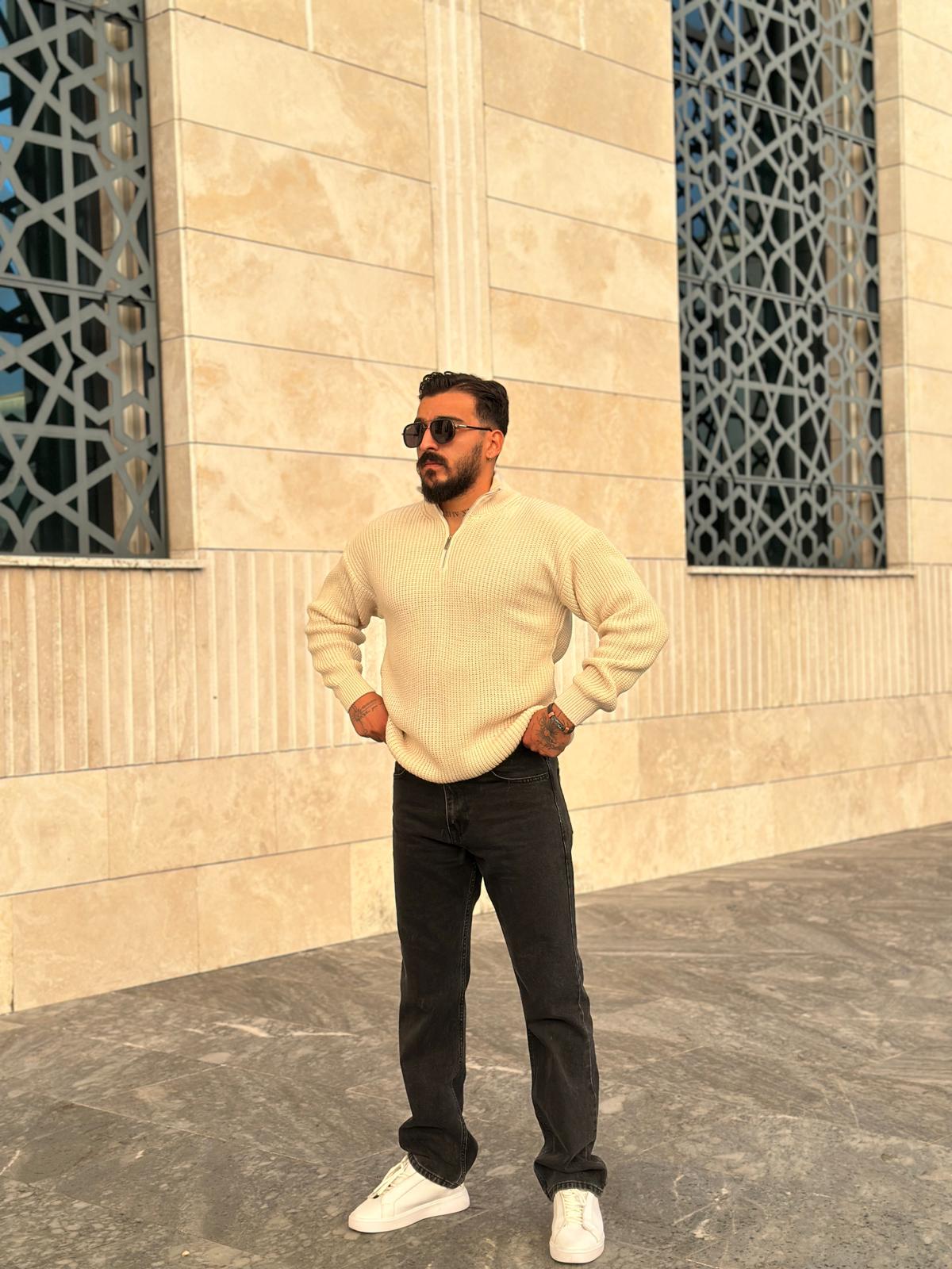 Oversize Fermuarlı Örmek Triko Kazak - Krem
