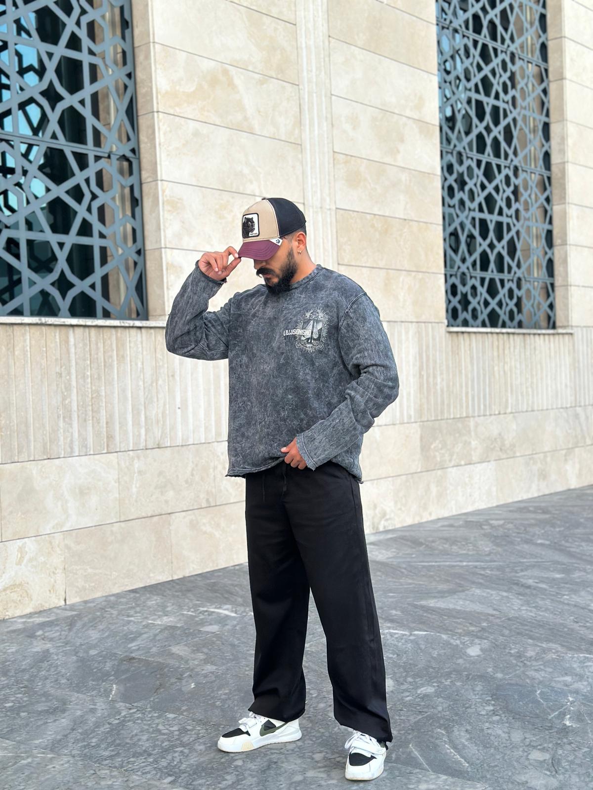 Oversize Baskılı Yıkamalı Sweatshirt - Siyah