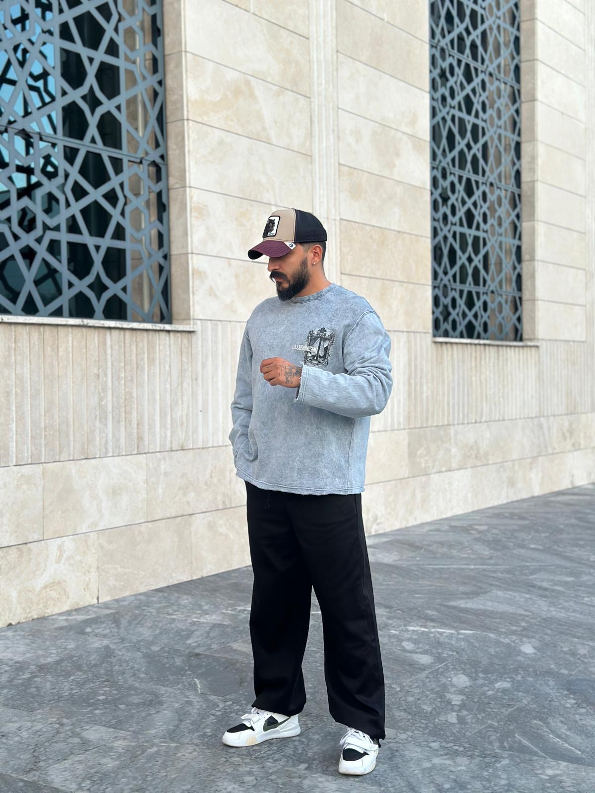 Oversize Baskılı Yıkamalı Sweatshirt - Gri