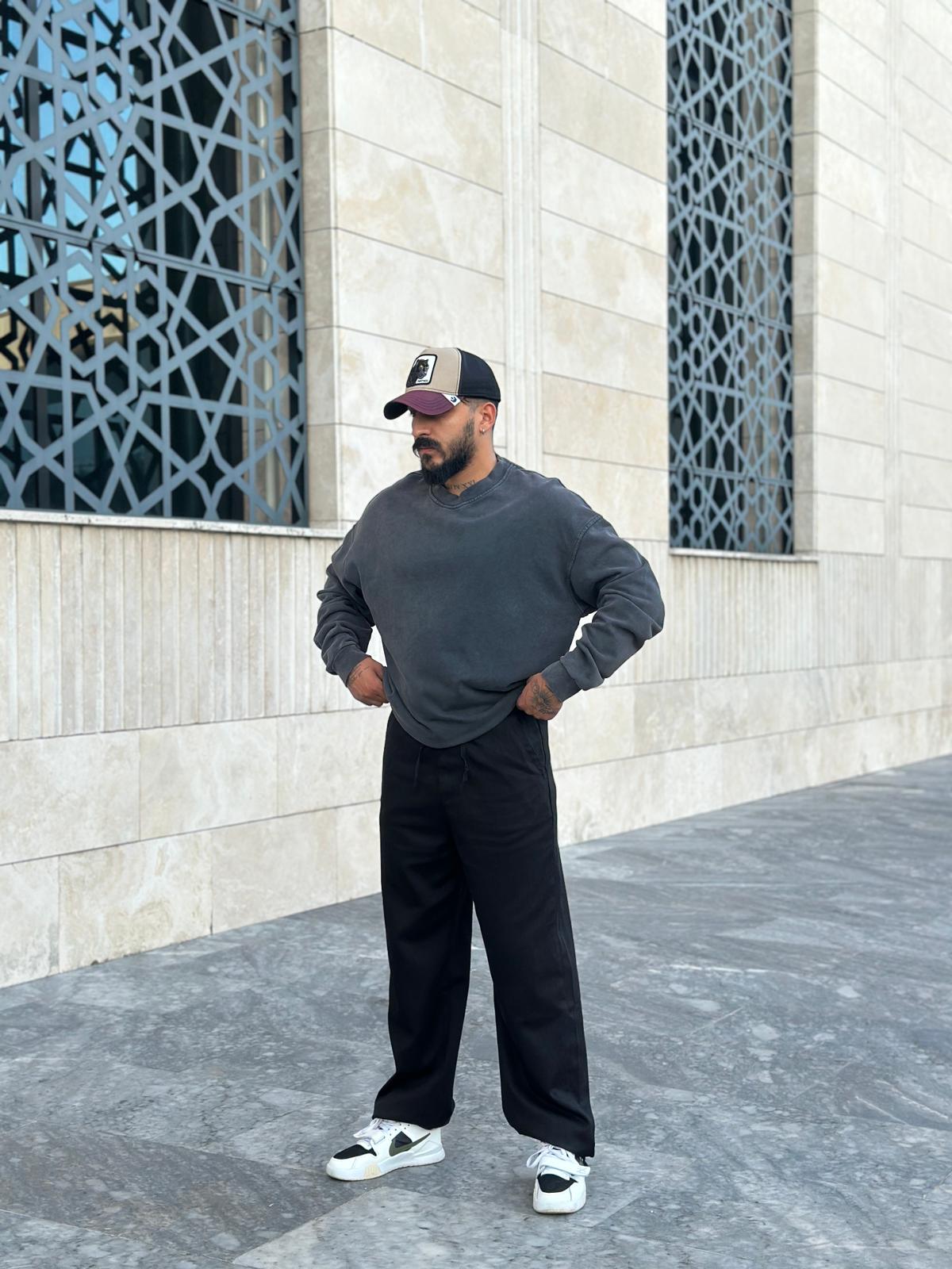 Yıkamalı Oversize Basic Sweatshirt - Siyah
