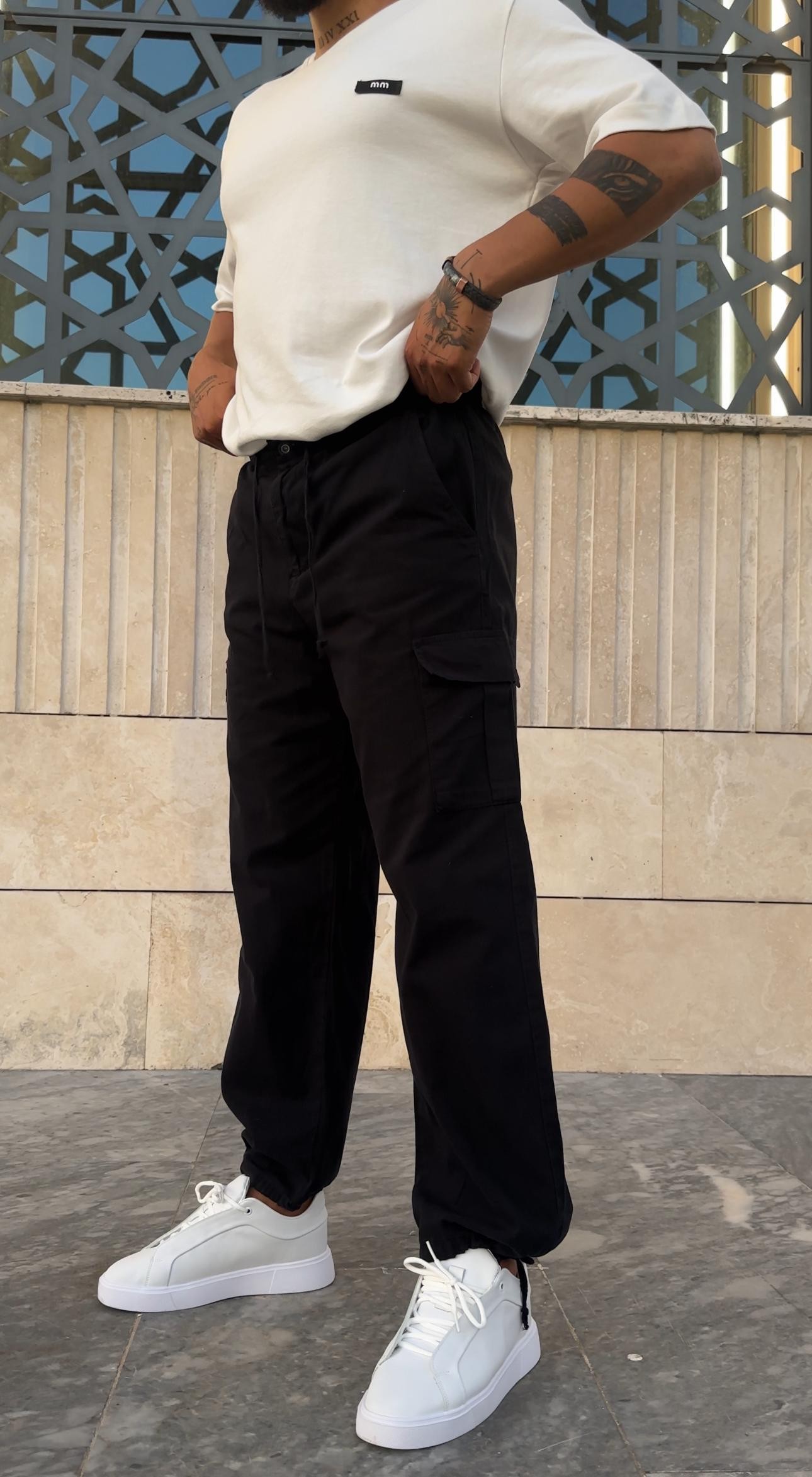 %100 Linen Keten Stoper Paça Pantolon - Siyah