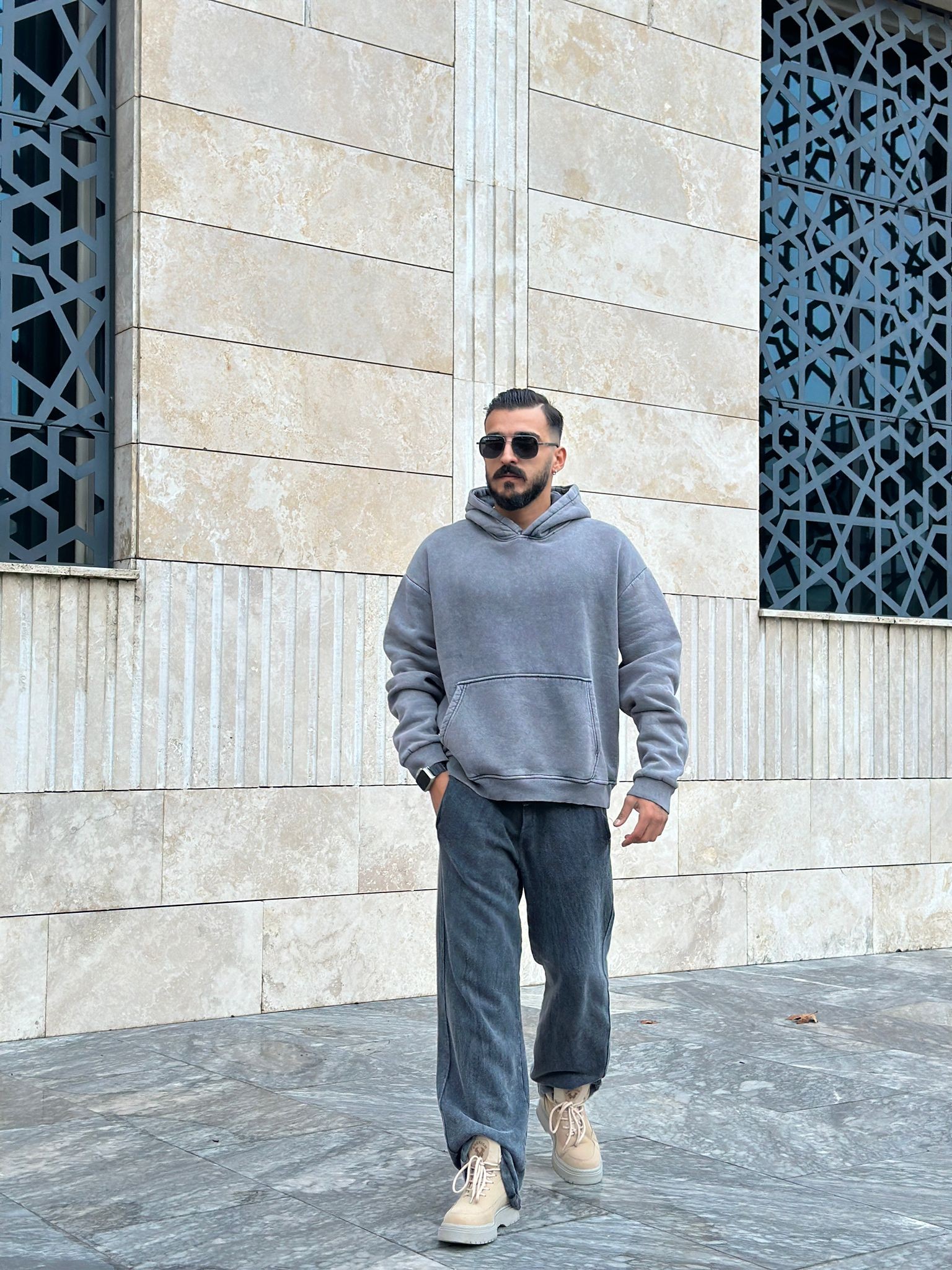 Yıkamalı Üç iplik Şardonlu Kapüşonlu Sweatshirt - Antrasit gri