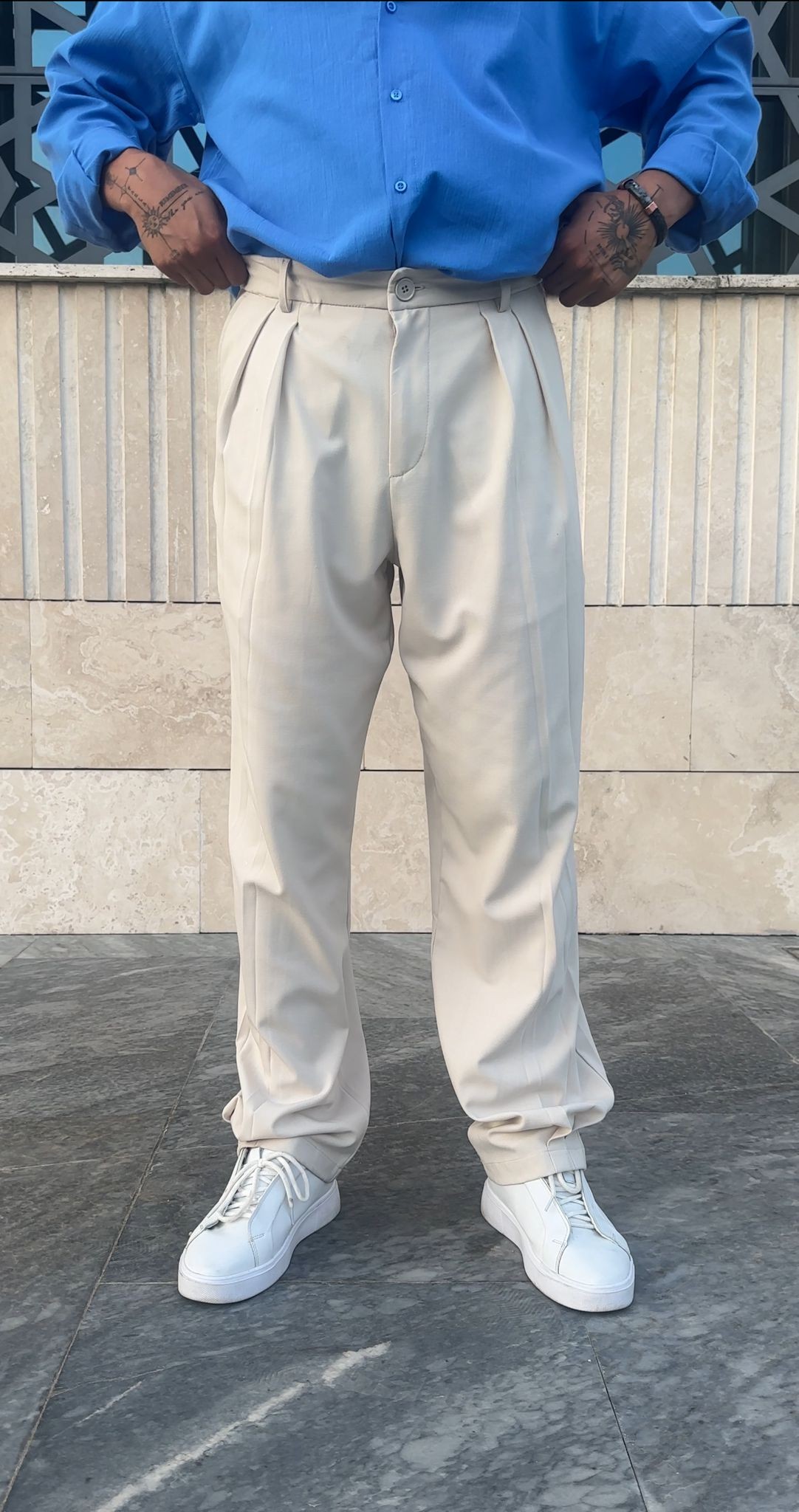 Çift Uzun Pile Detaylı Baggy Kumaş Pantolon