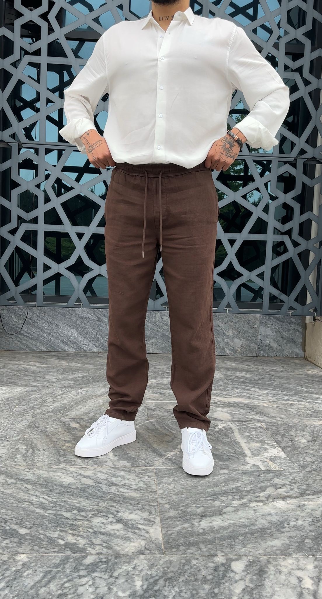 Regular kalıp %100 Keten Pantolon - Kahve