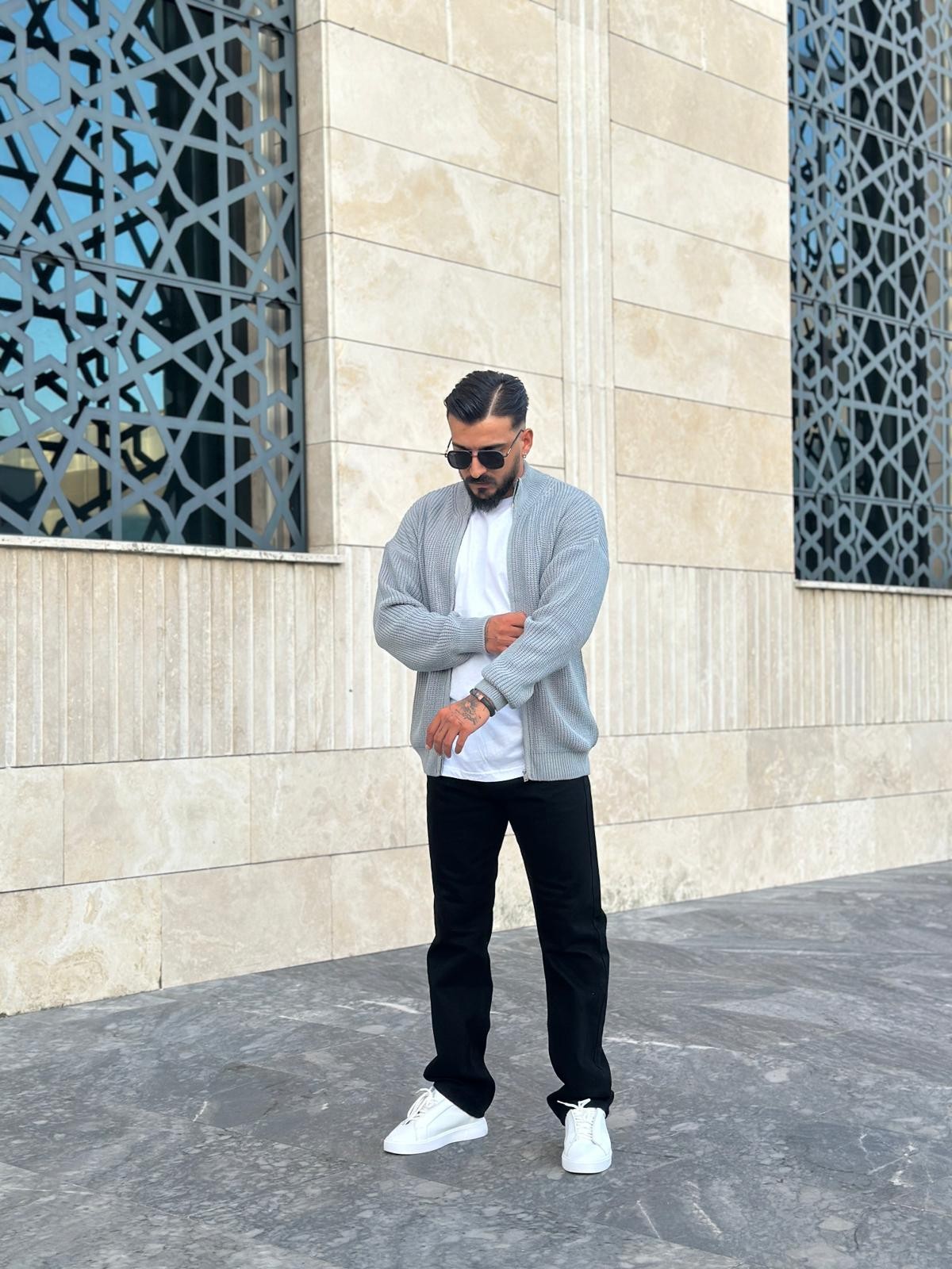 Oversize Fermuarlı Triko Hırka - Gri