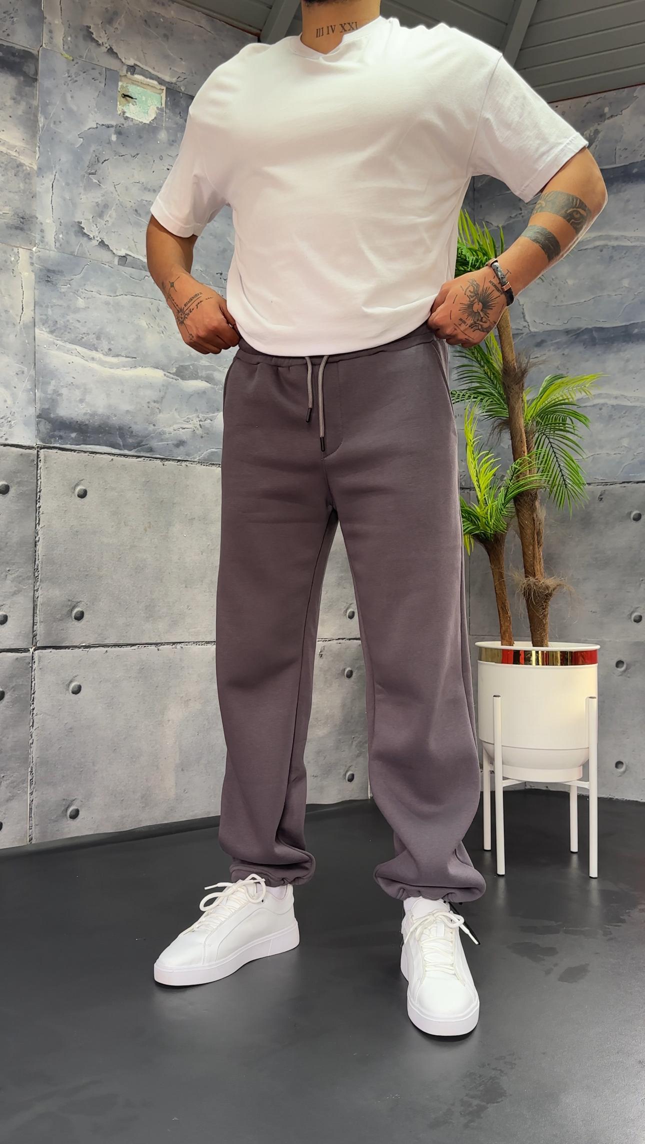 Üç İplik Şardonlu Stoper Paça Baggy Eşofman - Antrasit gri