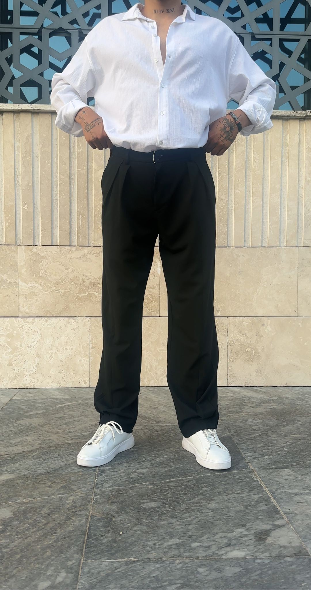Çift Uzun Pile Detaylı Baggy Kumaş Pantolon - Siyah
