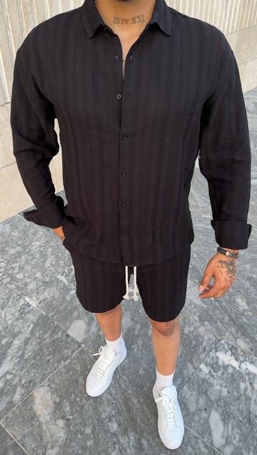 Kendinden Desenli Oversize Keten Gömlek
