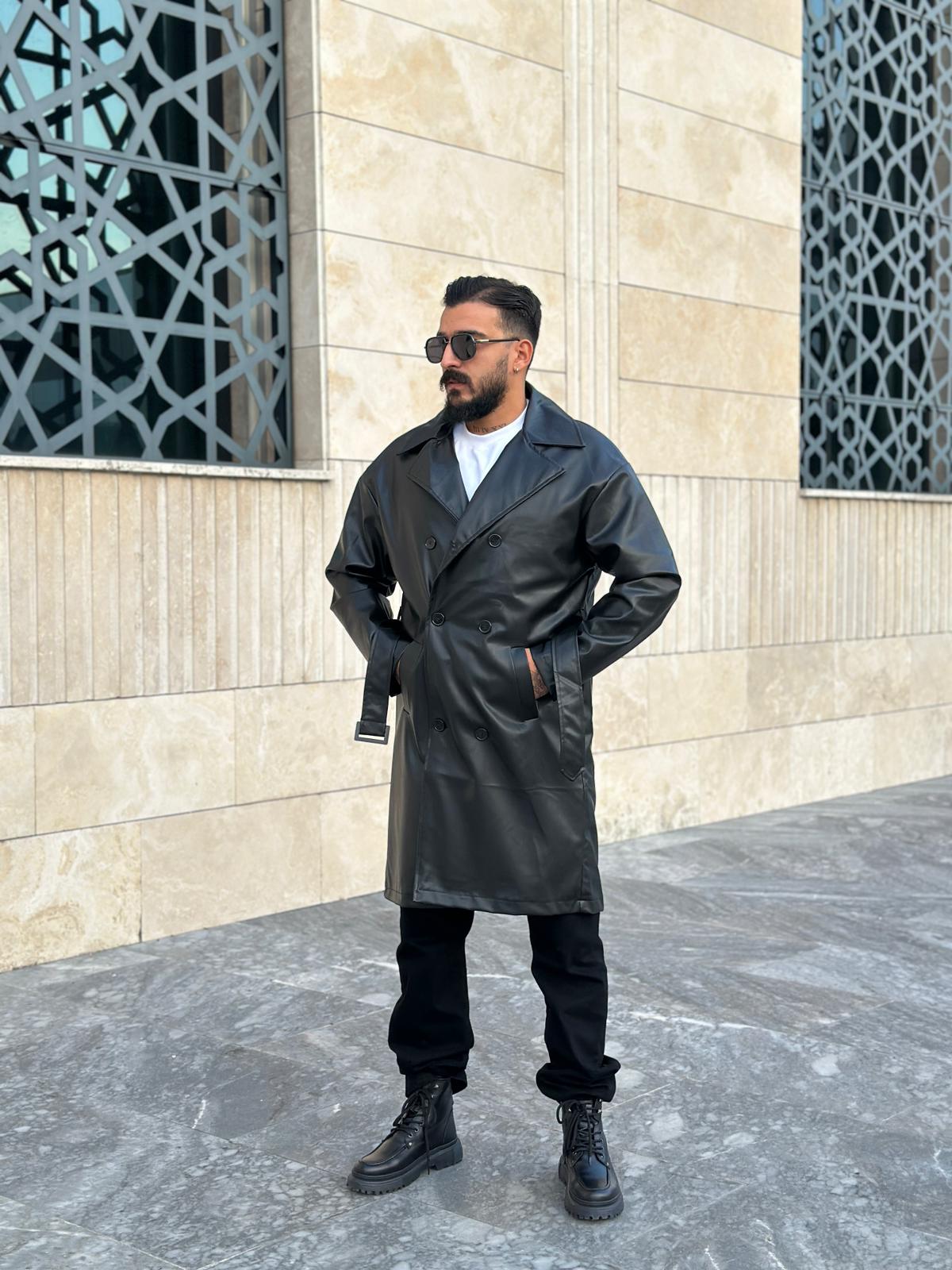 Oversize Astarlı Deri Trençkot