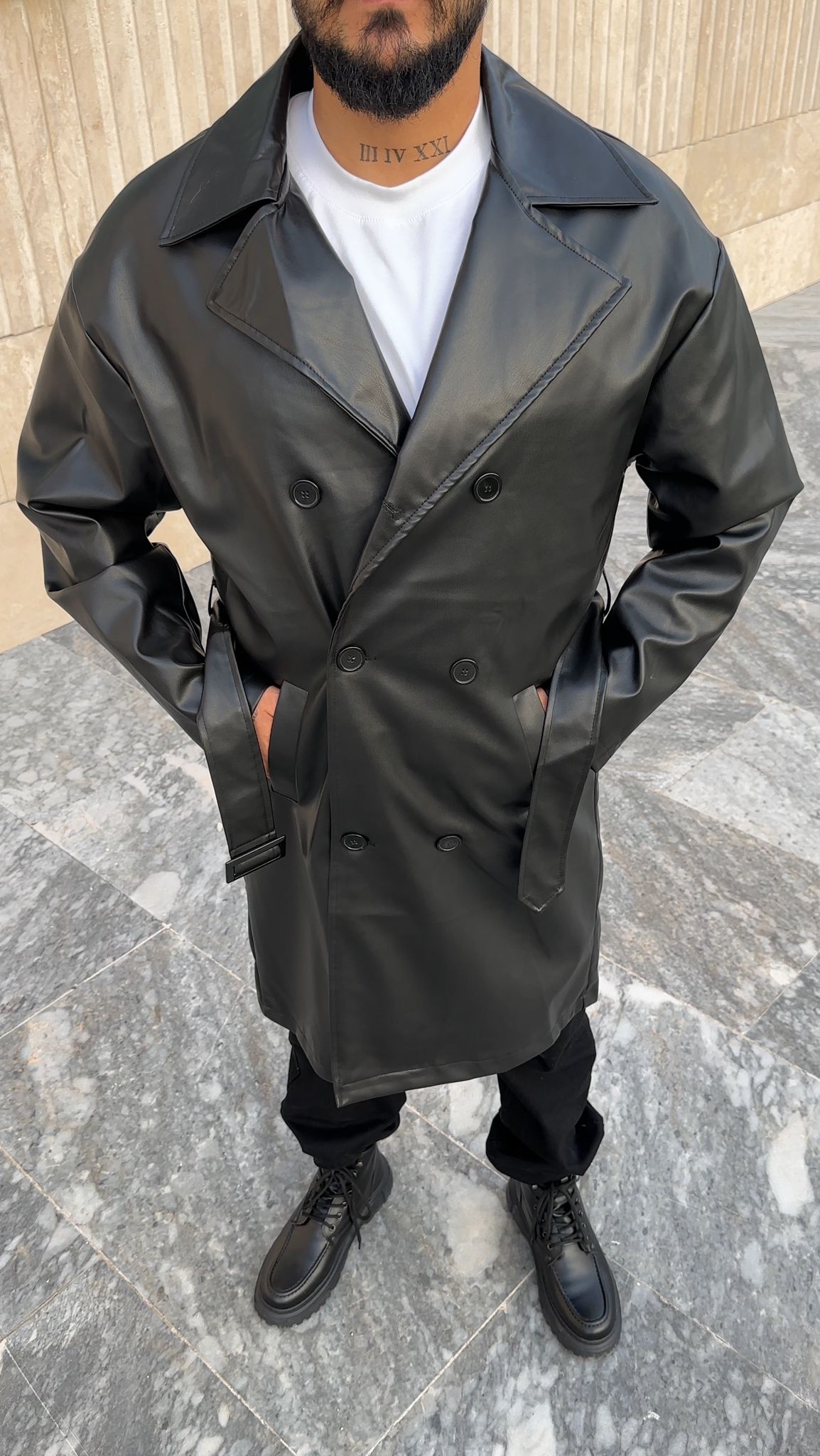 Oversize Astarlı Deri Trençkot