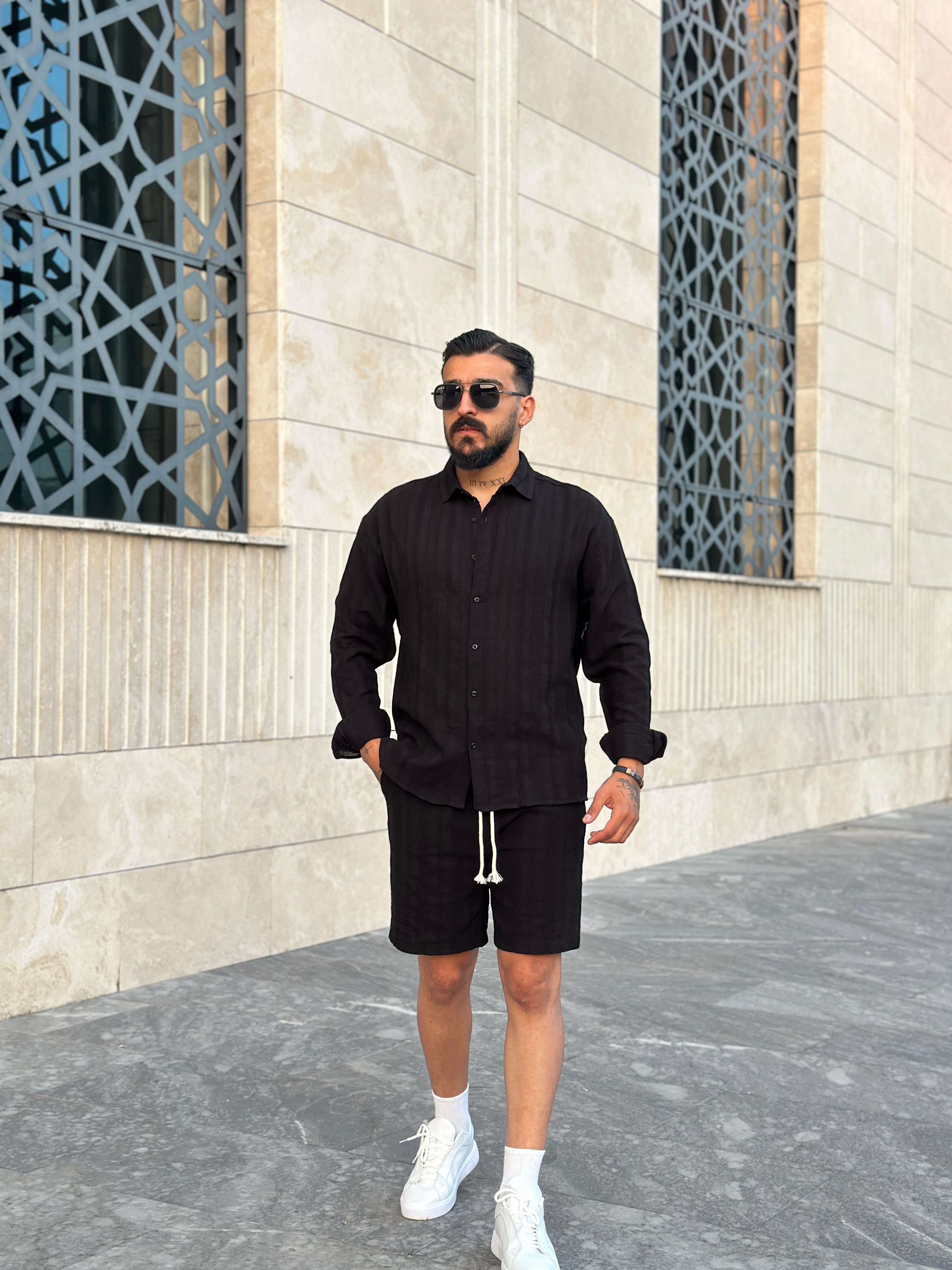 Kendinden Desenli Oversize Keten Gömlek - Siyah