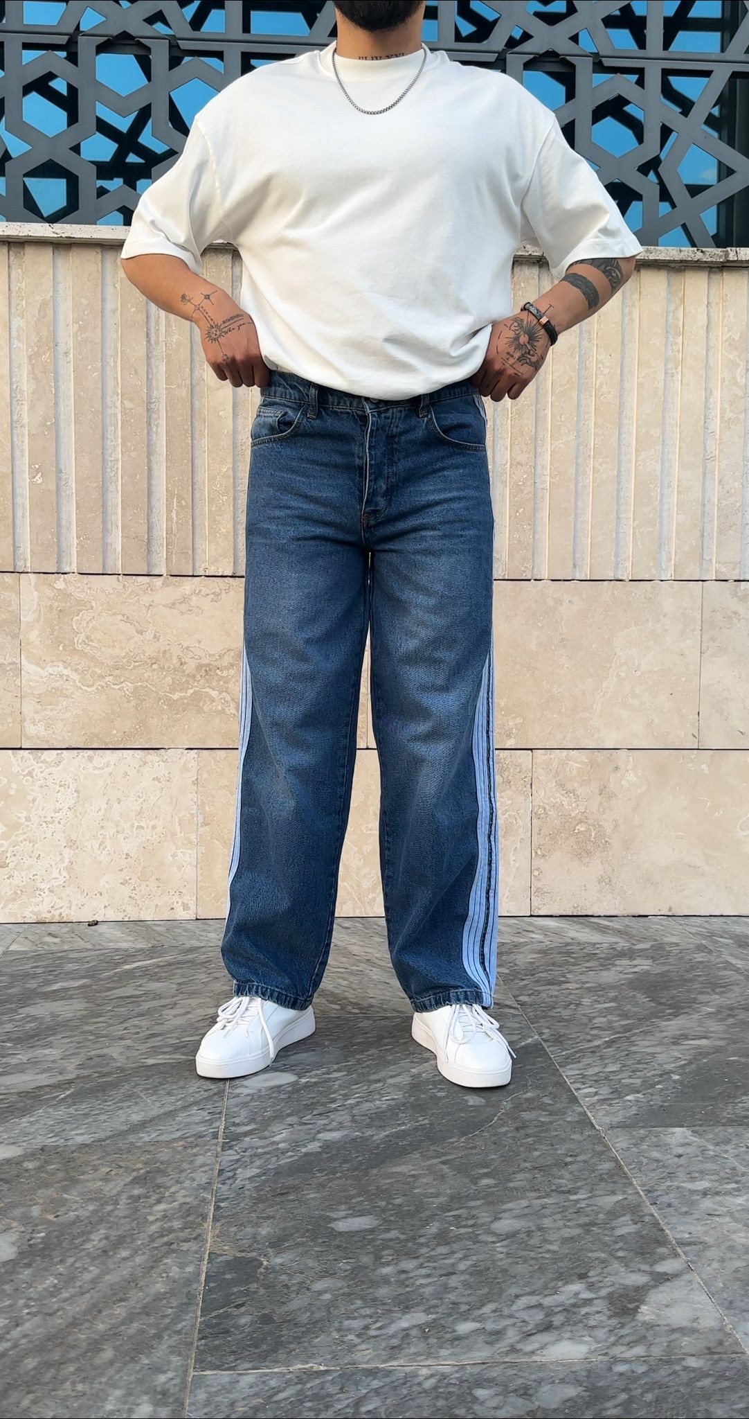 Şerit Detaylı Baggy Pantolon - Mavi