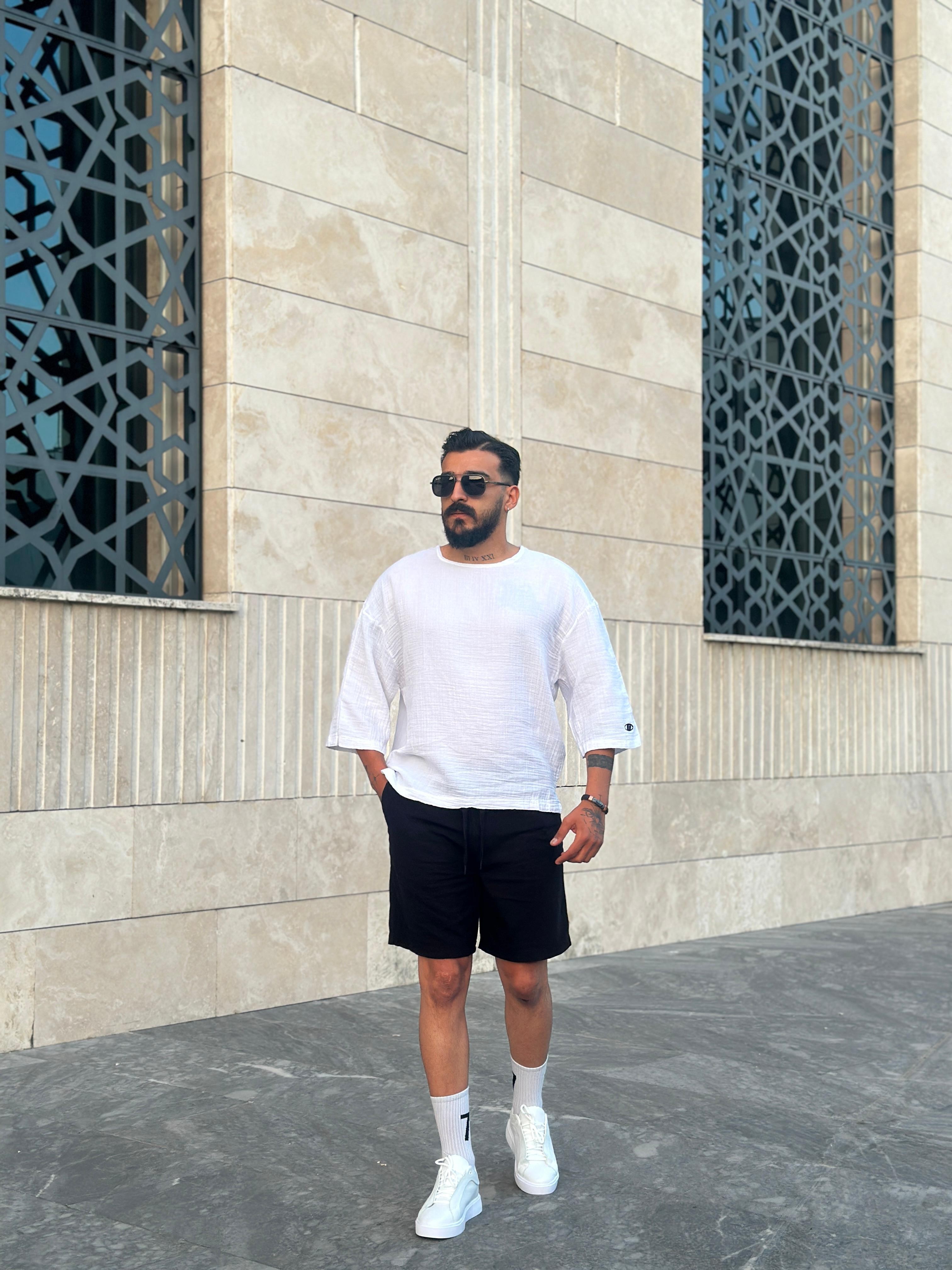 GG Müslin Kumaş Fakir Kol T shirt - Beyaz