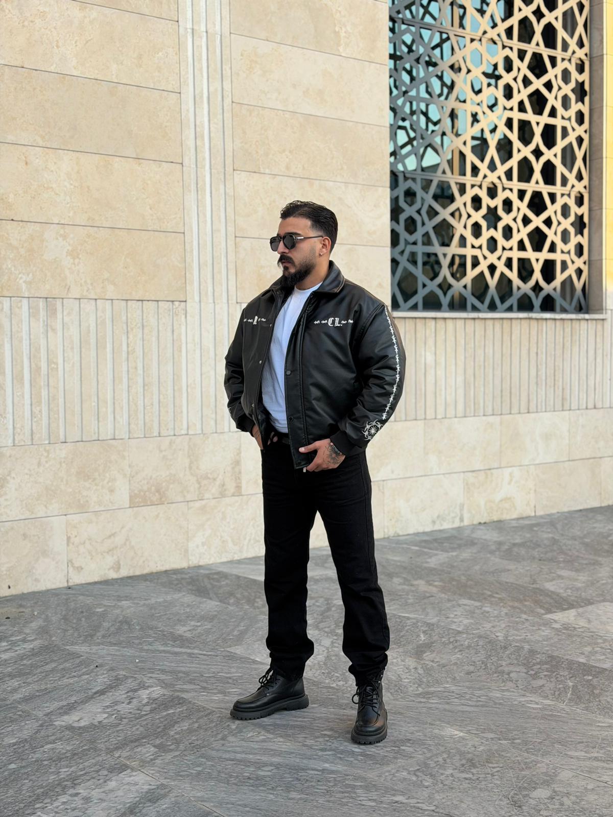 Premium Astarlı Oversize Deri Mont - Nakışlı Siyah