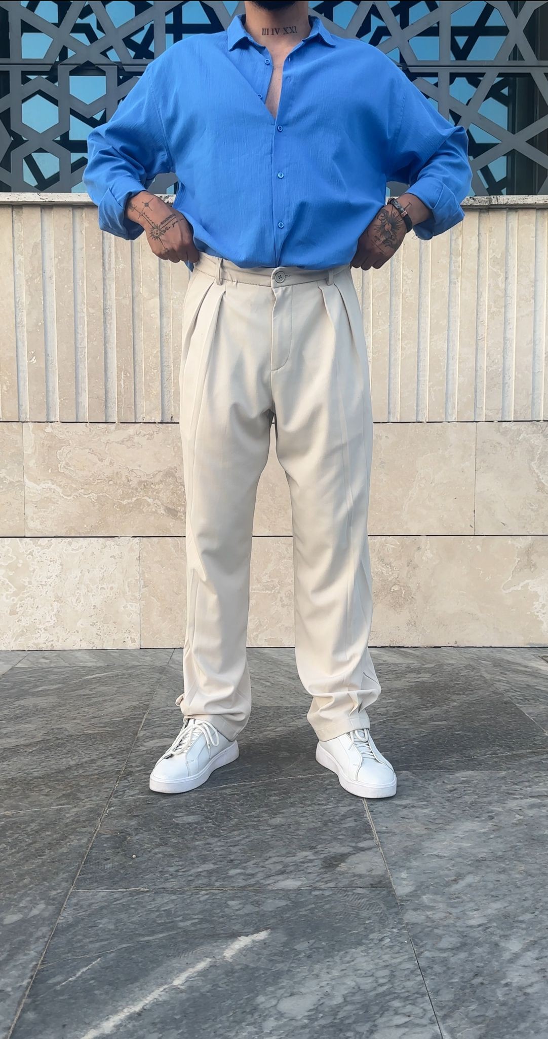 Çift Uzun Pile Detaylı Baggy Kumaş Pantolon - Krem