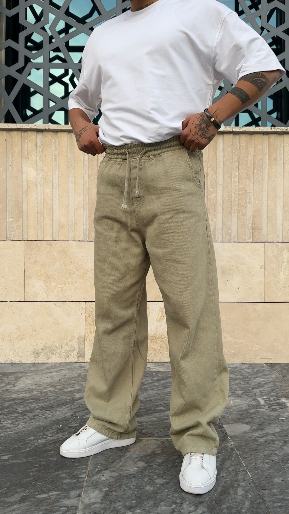 Yıkamalı Gabardin Baggy Pantolon - Haki