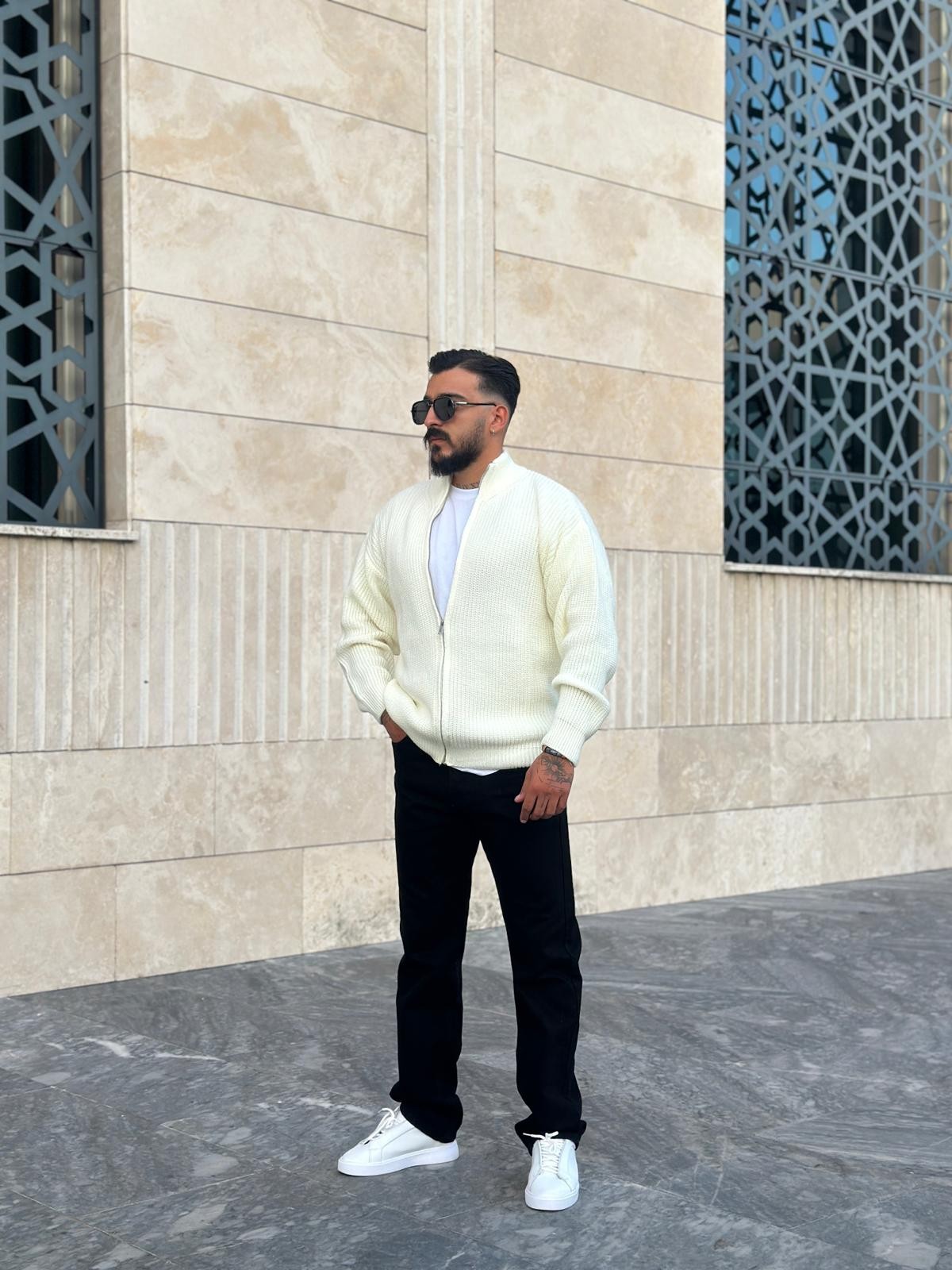 Oversize Fermuarlı Triko Hırka - Krem