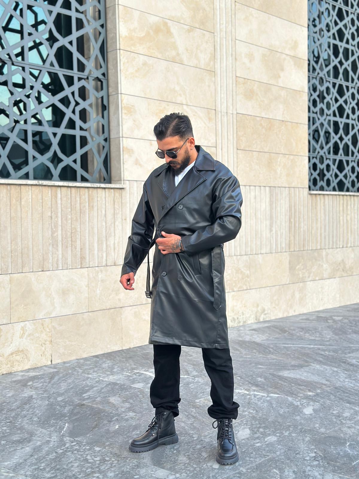 Oversize Astarlı Deri Trençkot